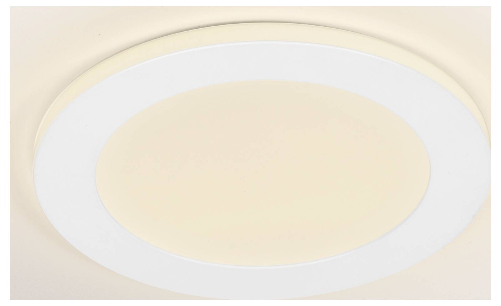 Ein kreisförmiges LED-Deckenleuchte mit weißem Außenring und wärmem leuchtenden Zentrum, auf einer beigefarbenen Decke montiert.
