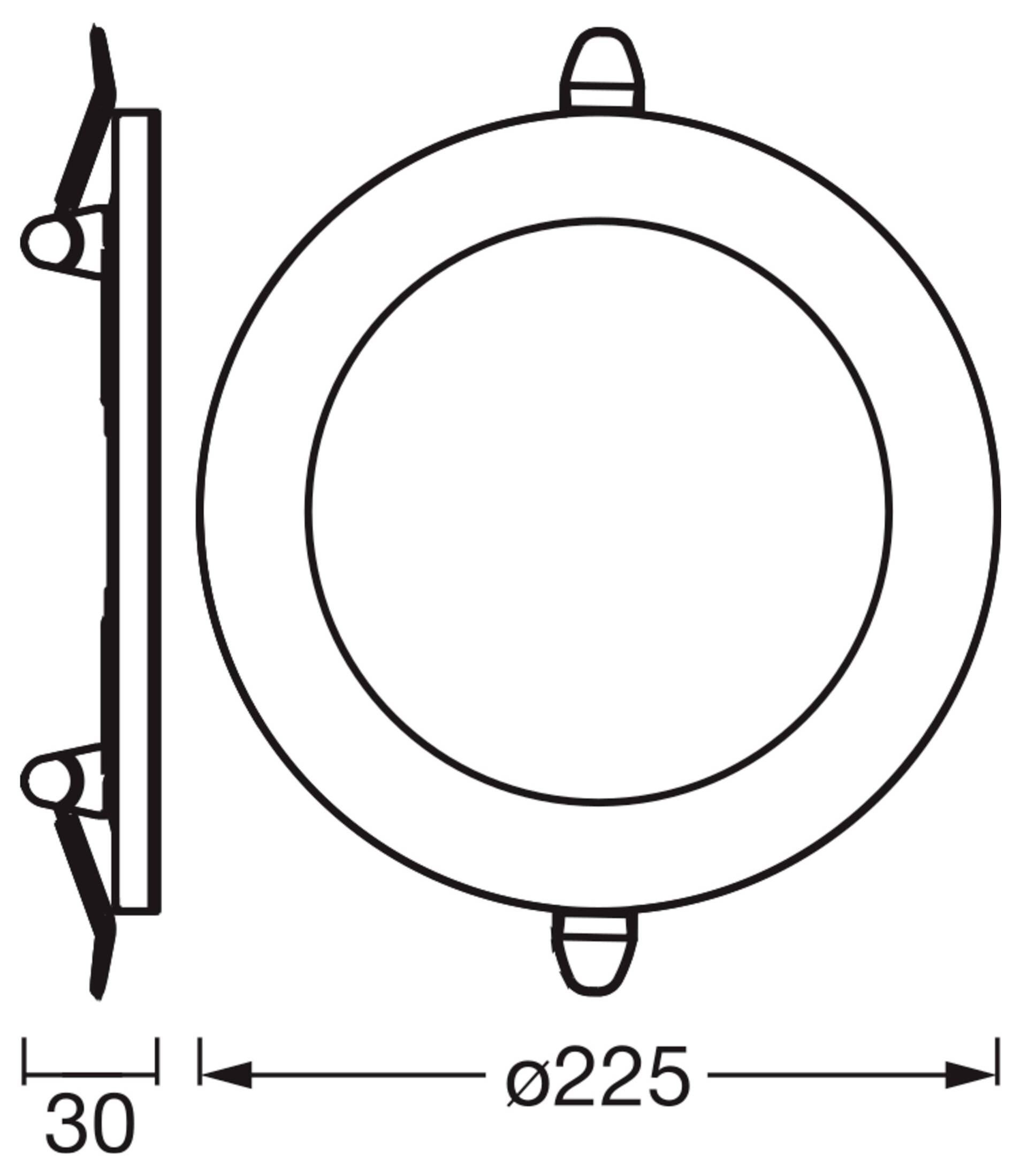 Technische Zeichnung einer kreisförmigen LED-Paneelleuchte mit Seiten- und Frontansicht. Der Durchmesser beträgt 225 mm und die Dicke 30 mm.