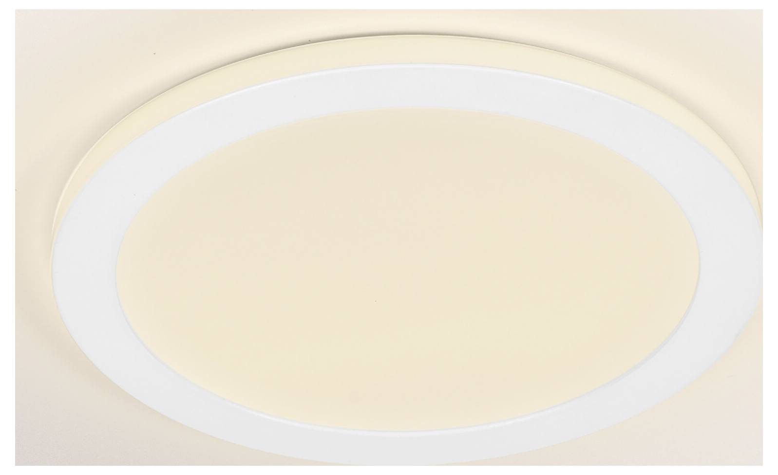 Eine runde Deckenleuchte mit weißem Rahmen und einem blassgelben Glanz.