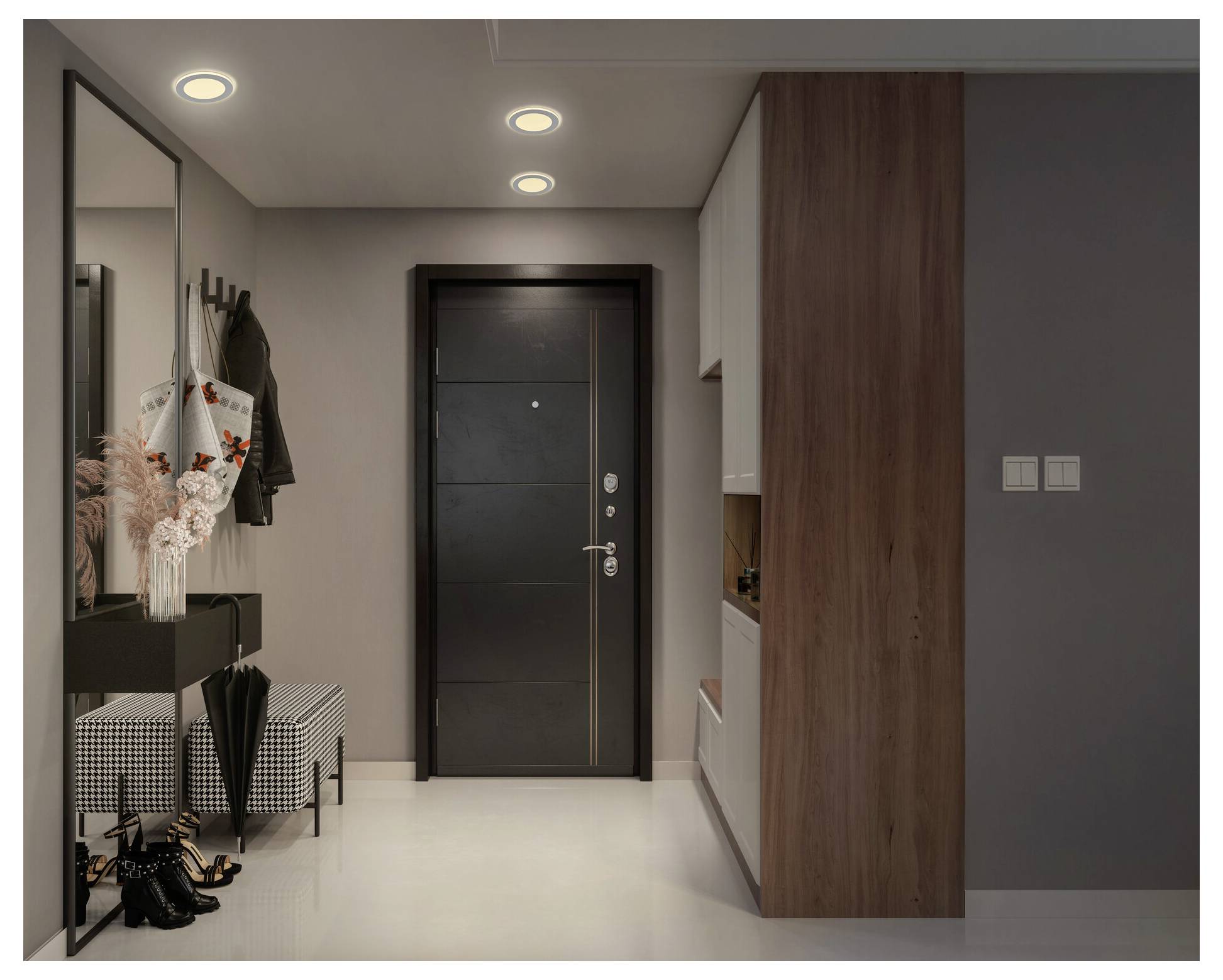 Ein moderner Eingangsflur mit einer geschlossenen schwarzen Tür, Garderobe, Spiegel und einer Bank. Der Raum wird durch Deckenleuchten beleuchtet und hat eine gemütliche Atmosphäre.