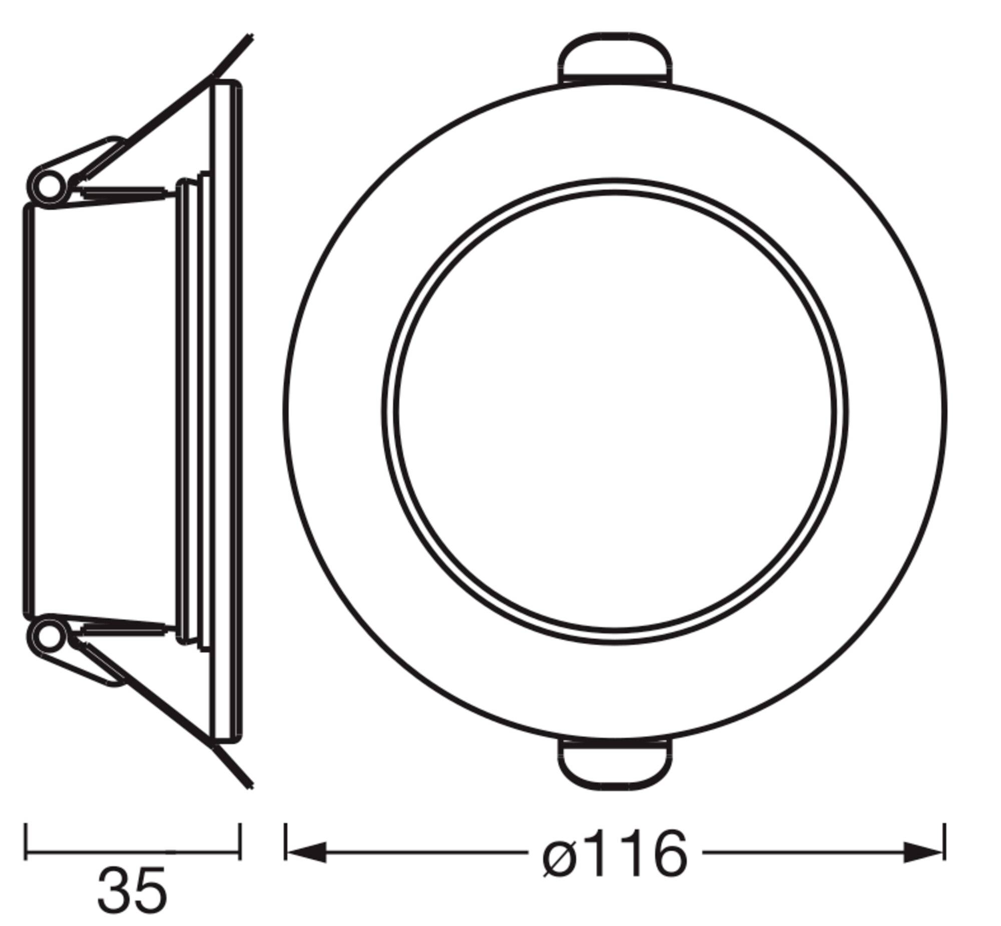 Diagramm einer kreisförmigen, eingelassenen Deckenleuchte mit einem Durchmesser von 116 mm und einer Tiefe von 35 mm, dargestellt in Seiten- und Draufsicht.