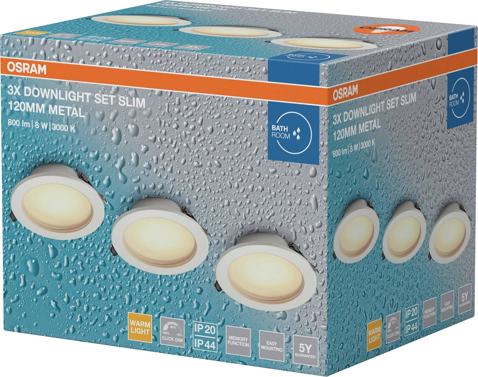 Ein verpacktes Set aus drei OSRAM-Einbauleuchten für Badezimmer, 120mm Metall, 800 lm, 9W, 3000K Warmweiß, IP44-Schutzart für Wasserschutz.