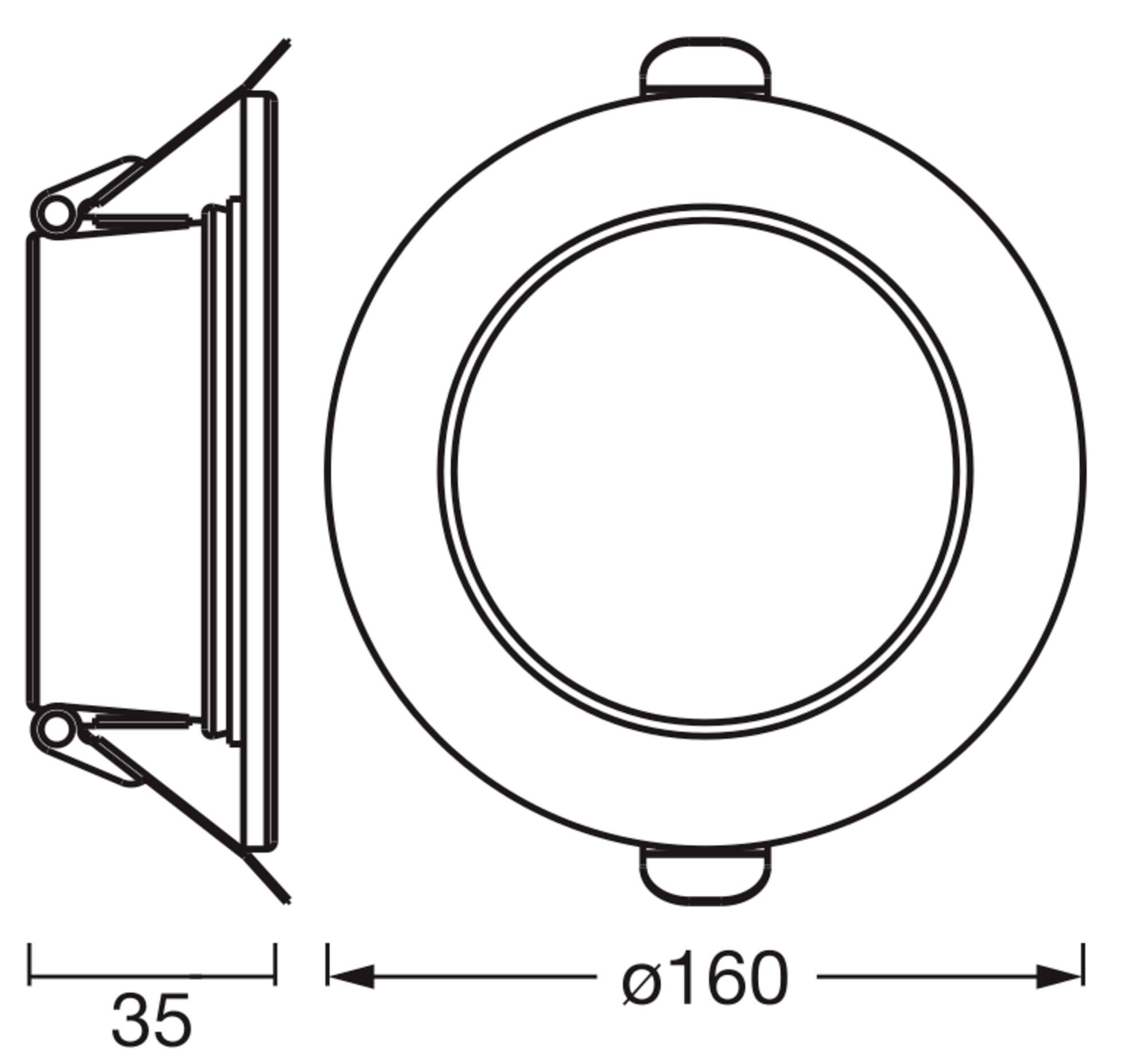 Linienzeichnung eines kreisförmigen Einbaustrahlers mit einem Durchmesser von 160 mm und einer Tiefe von 35 mm, dargestellt in Seitenansicht und Vorderansicht.