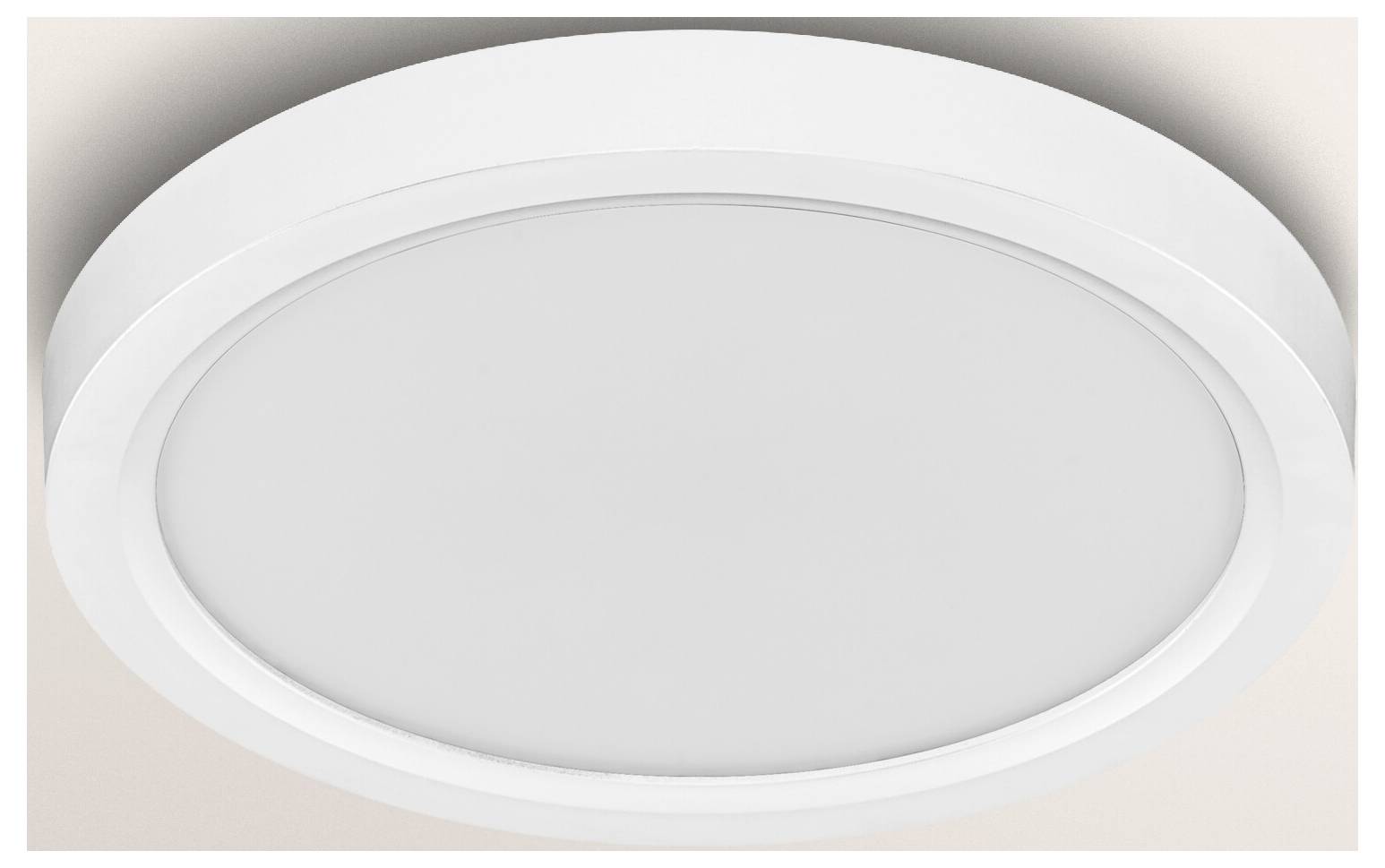 Eine runde, weiße Deckenleuchte mit einfachem, modernem Design, montiert auf einer ebenen Fläche.