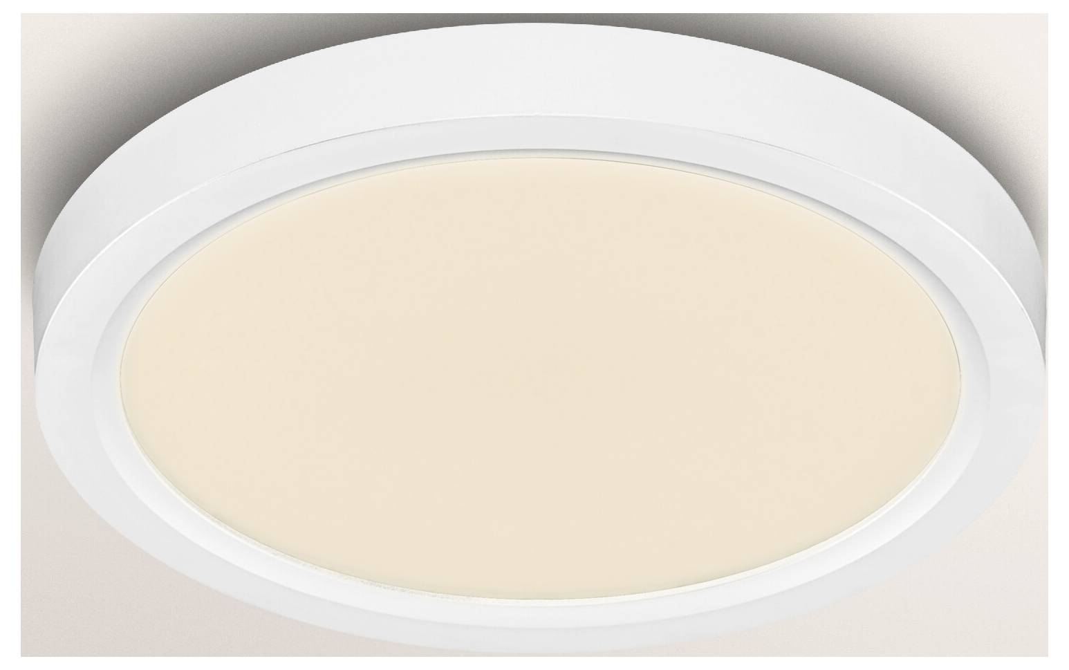 Rundes Deckenleuchte mit sanftem Glanz. Die Verpackungsschachtel zeigt „Osram Orbis Quickfix 24cm Click-Dim