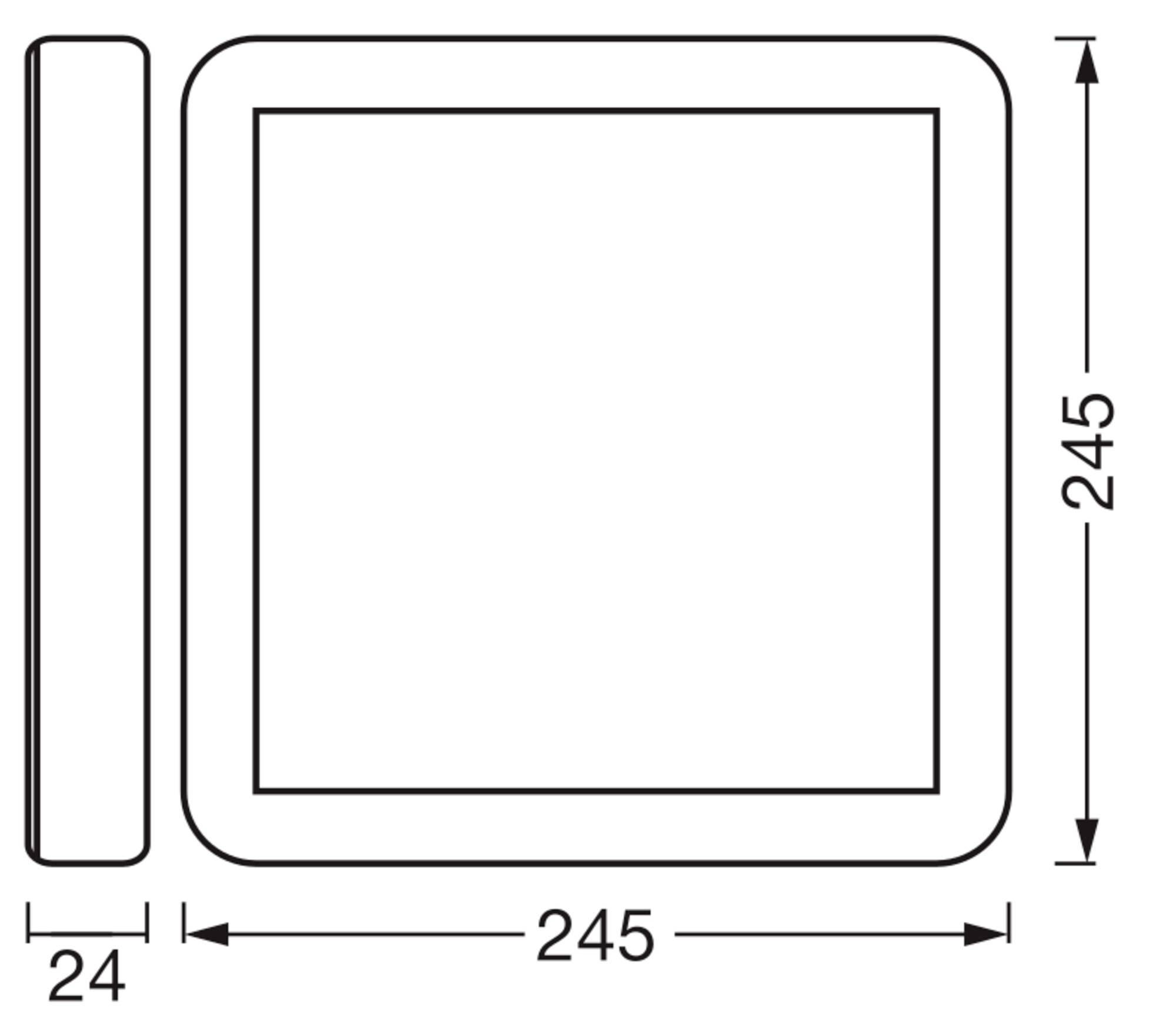 Quadrat mit Seitenansicht, die Abmessungen zeigt: Länge 245, Breite 24.
