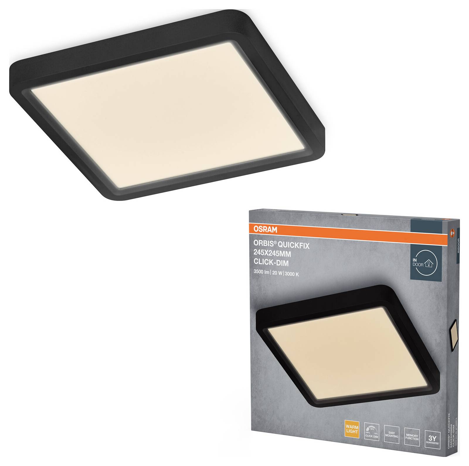 Eine schwarze quadratische Deckenleuchte, die zusammen mit ihrer Verpackung gezeigt wird. Die Schachtel zeigt die Marke 