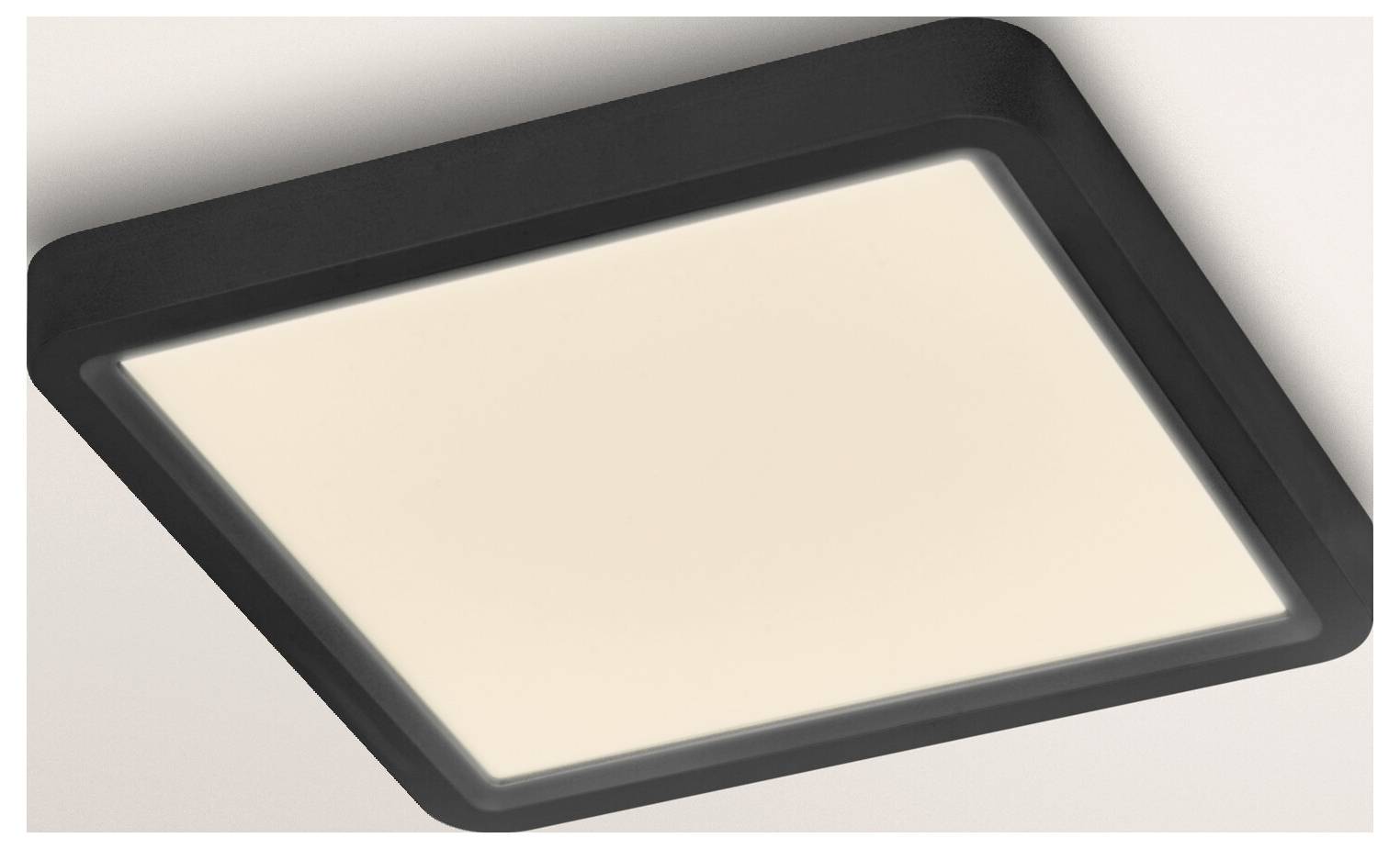 Eine quadratische LED-Deckenleuchte mit schwarzem Rahmen und sanftem weißem Licht, montiert an einer weißen Decke.