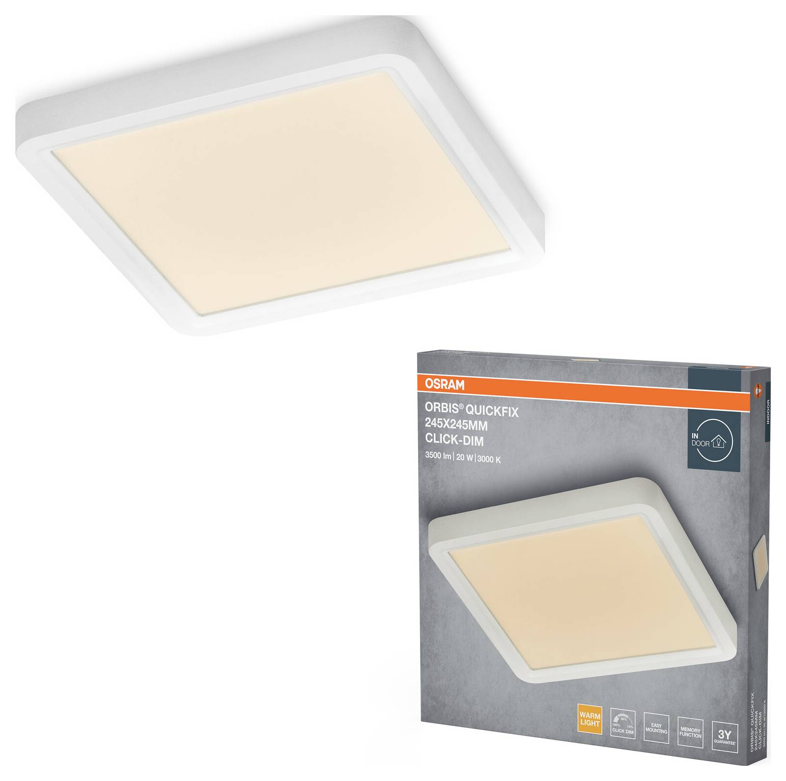 Quadratische LED-Deckenleuchte von Osram, Modell Orbis Quickfix 24x24cm. Inklusive Produktverpackung mit Darstellung des Lichtdesigns und der Funktionen.