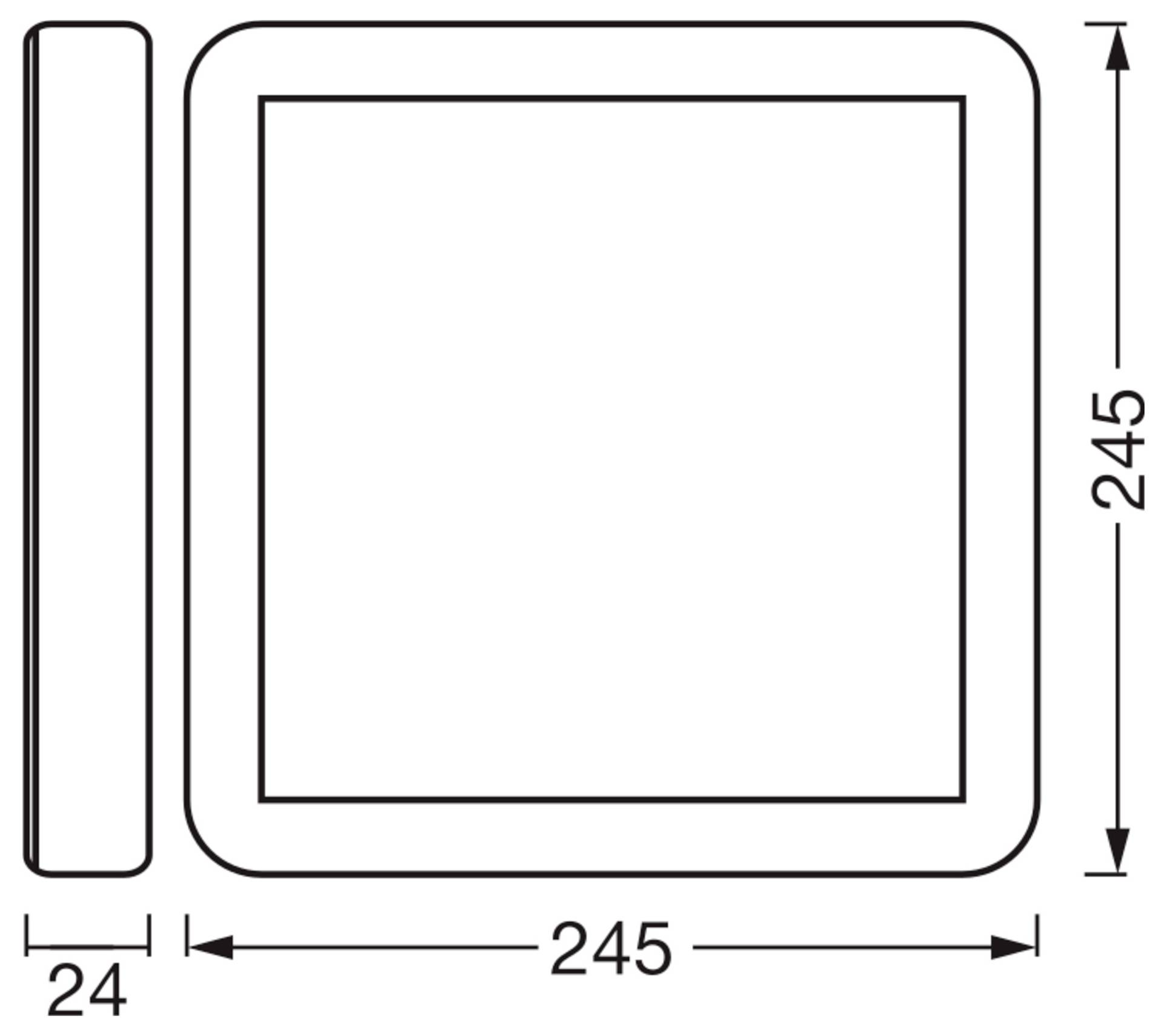 Das Diagramm zeigt eine quadratische Platte mit den Abmessungen 245 x 245 mm und einer Dicke von 24 mm. Pfeile zeigen die Längen- und Breitenmessungen an.
