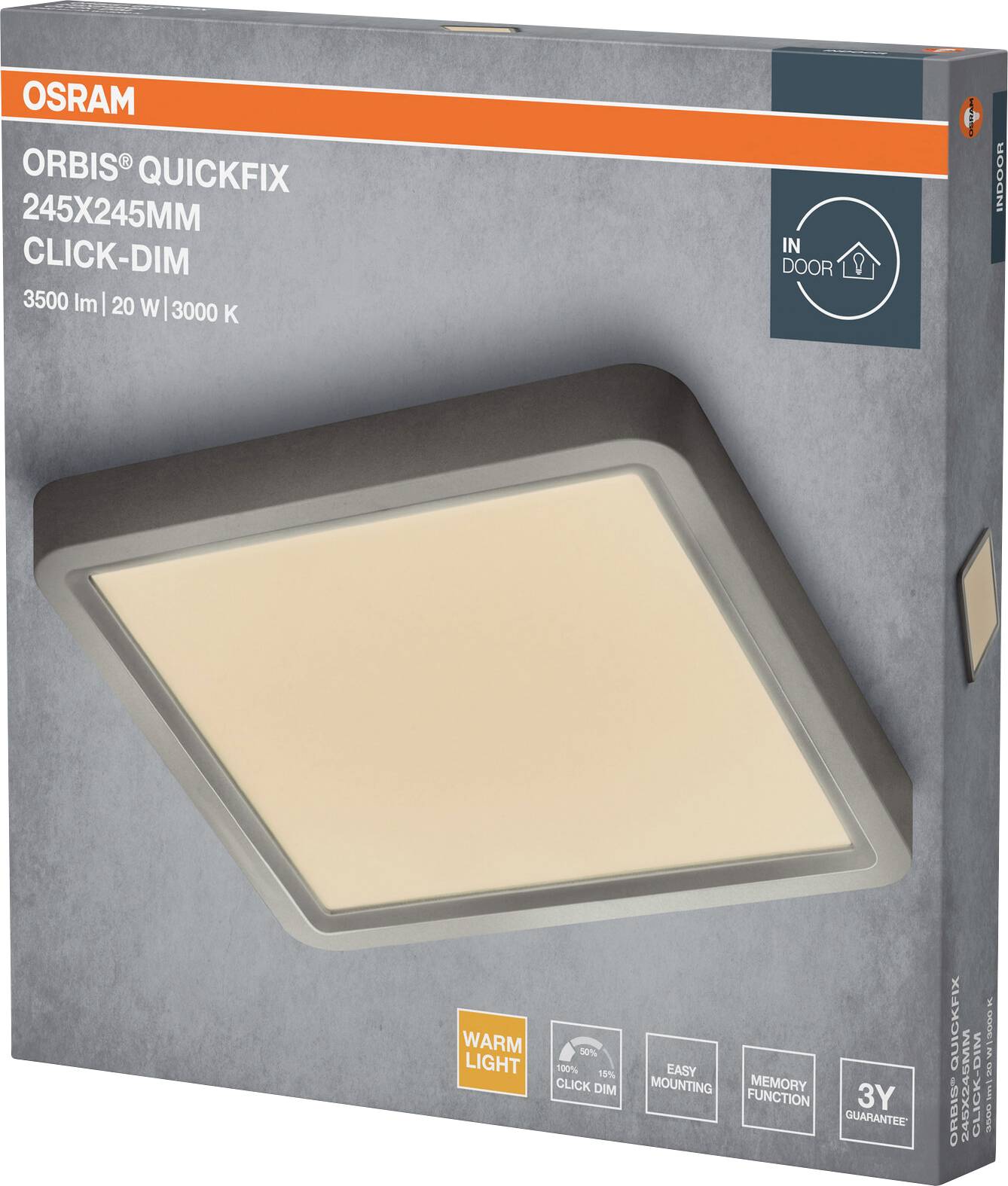 Osram Orbis Quickfix Deckenleuchte, 245x245mm, 3500 Lumen, 20W, 3000K, warmweißes Licht, für Innenräume, mit einfacher Montage und Speicherfunktion.