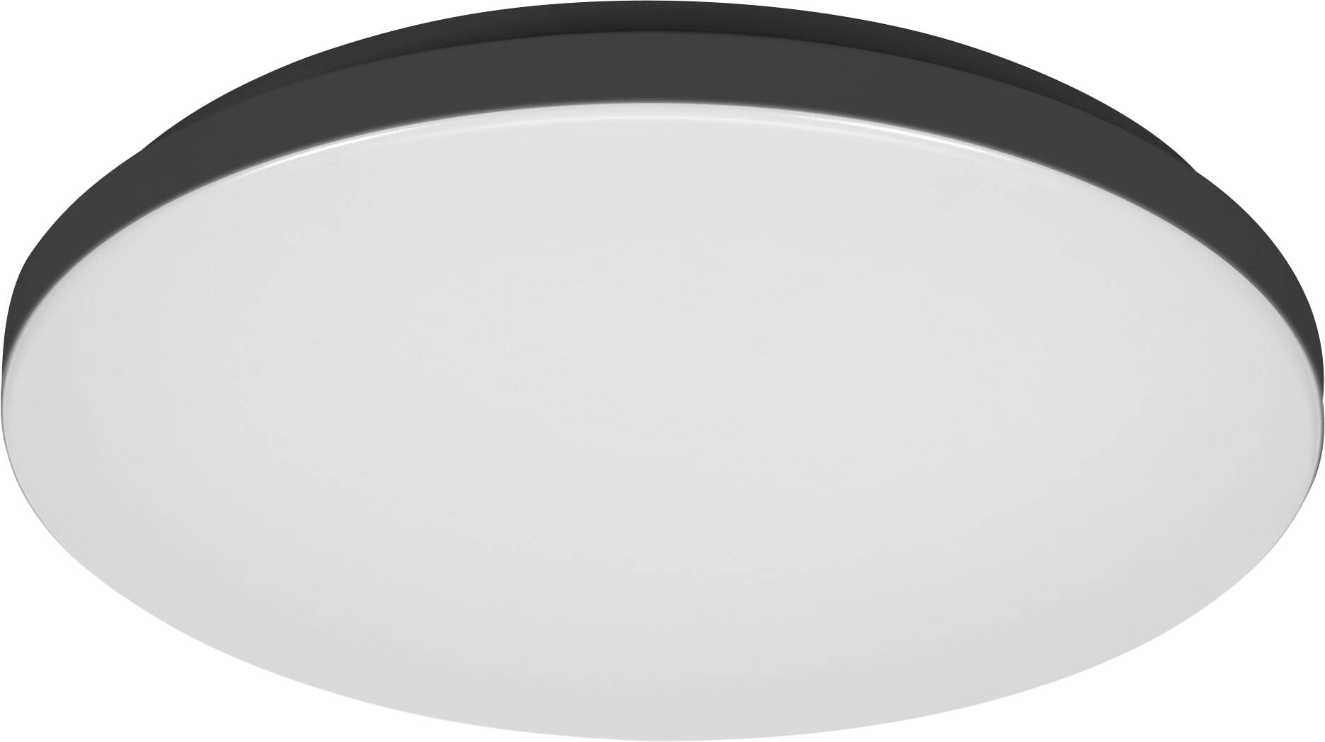 Eine runde, dünne, weiße Deckenleuchte mit matter schwarzer Kante, entworfen für moderne Innenraumbeleuchtung.