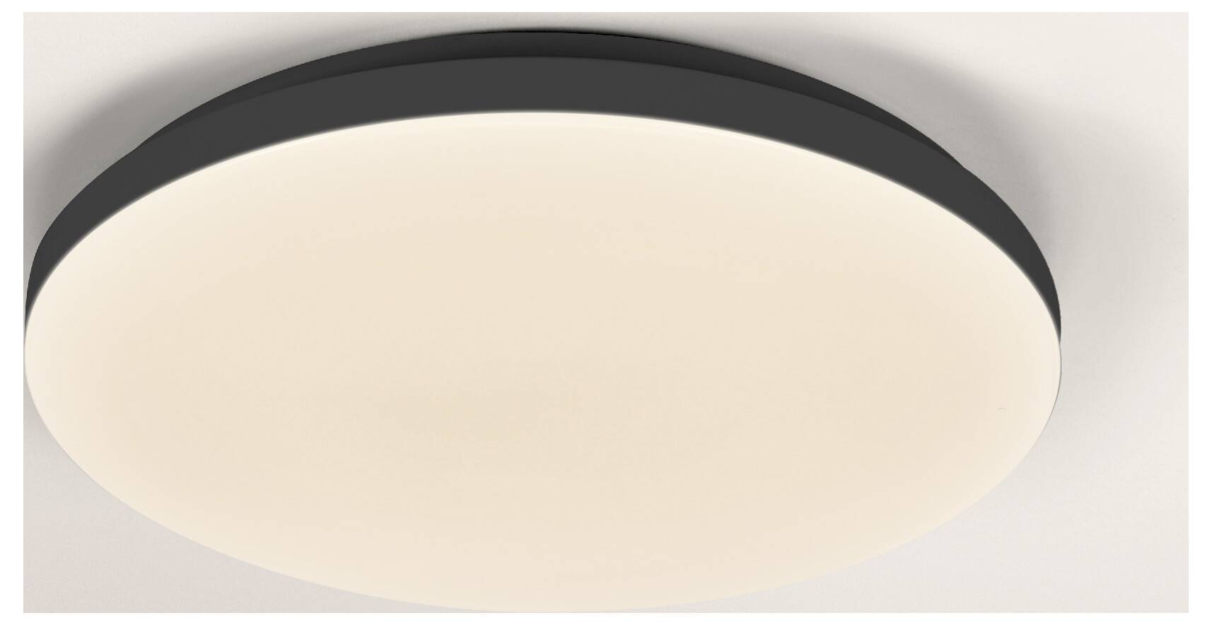 Ein modernes, rundes Deckenleuchte mit einem weichen, diffusen Glanz, montiert an einer weißen Decke.