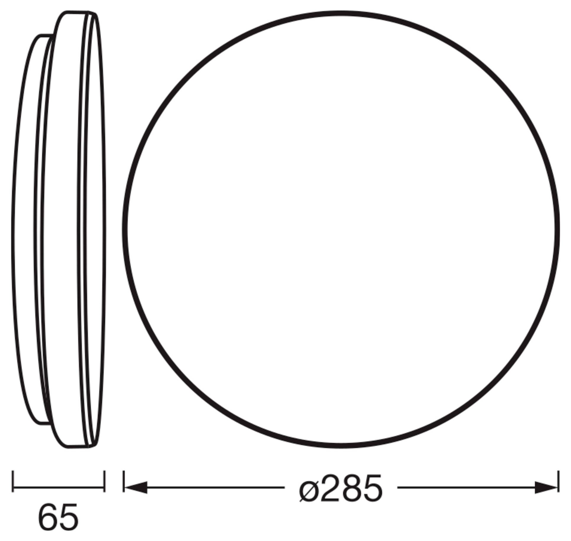 Diagramm eines kreisförmigen Objekts mit einem Durchmesser von 285 Einheiten und einer Tiefe von 65 Einheiten aus der Seitenansicht.