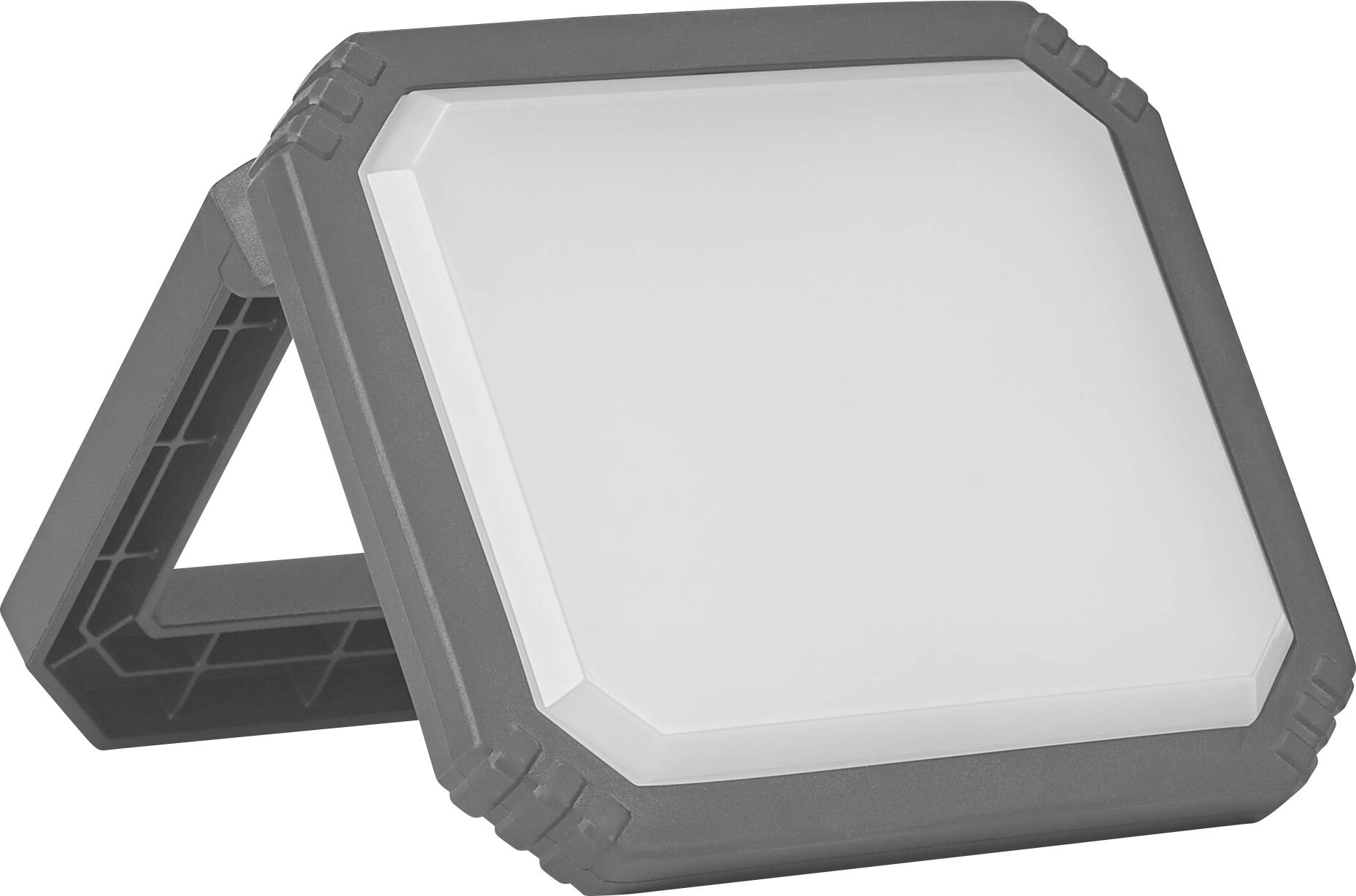 Ein rechteckiges LED-Arbeitslicht mit grauem Gehäuse und stabilem Ständer, in einem Winkel positioniert.