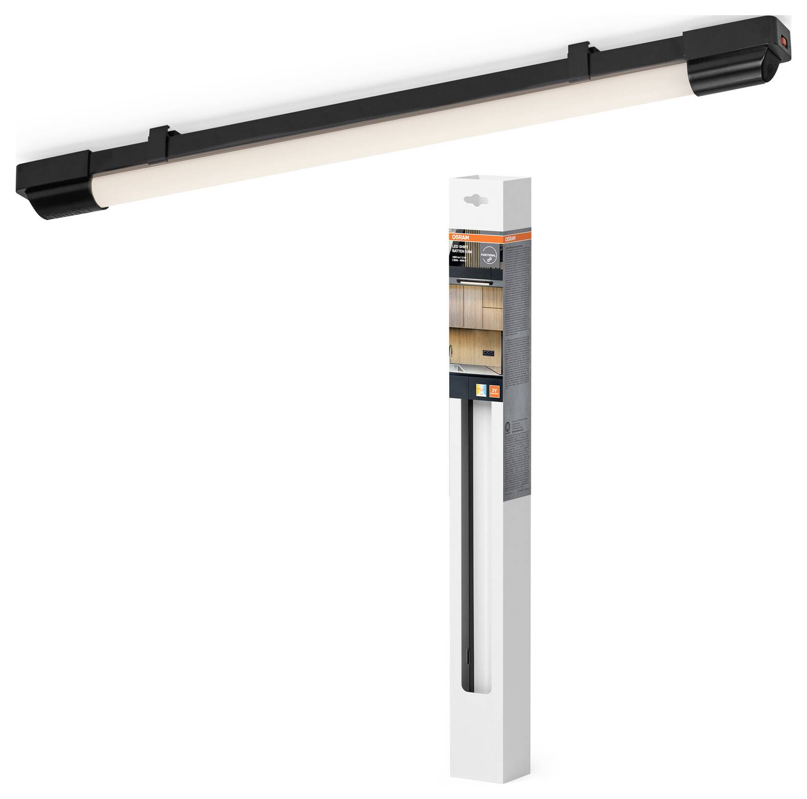 LED-Unterschrankleuchte mit schwarzen Endkappen, abgebildet neben ihrer Verpackung, die ihr schlankes Design und ihre mögliche Verwendung in der Küche hervorhebt.