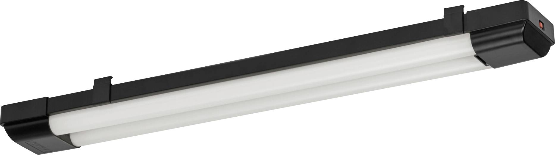 Eine Leuchtstoffröhre mit schwarzem Rahmen, geeignet für die Montage an Decke oder Wand, typischerweise in industriellen oder kommerziellen Umgebungen verwendet.