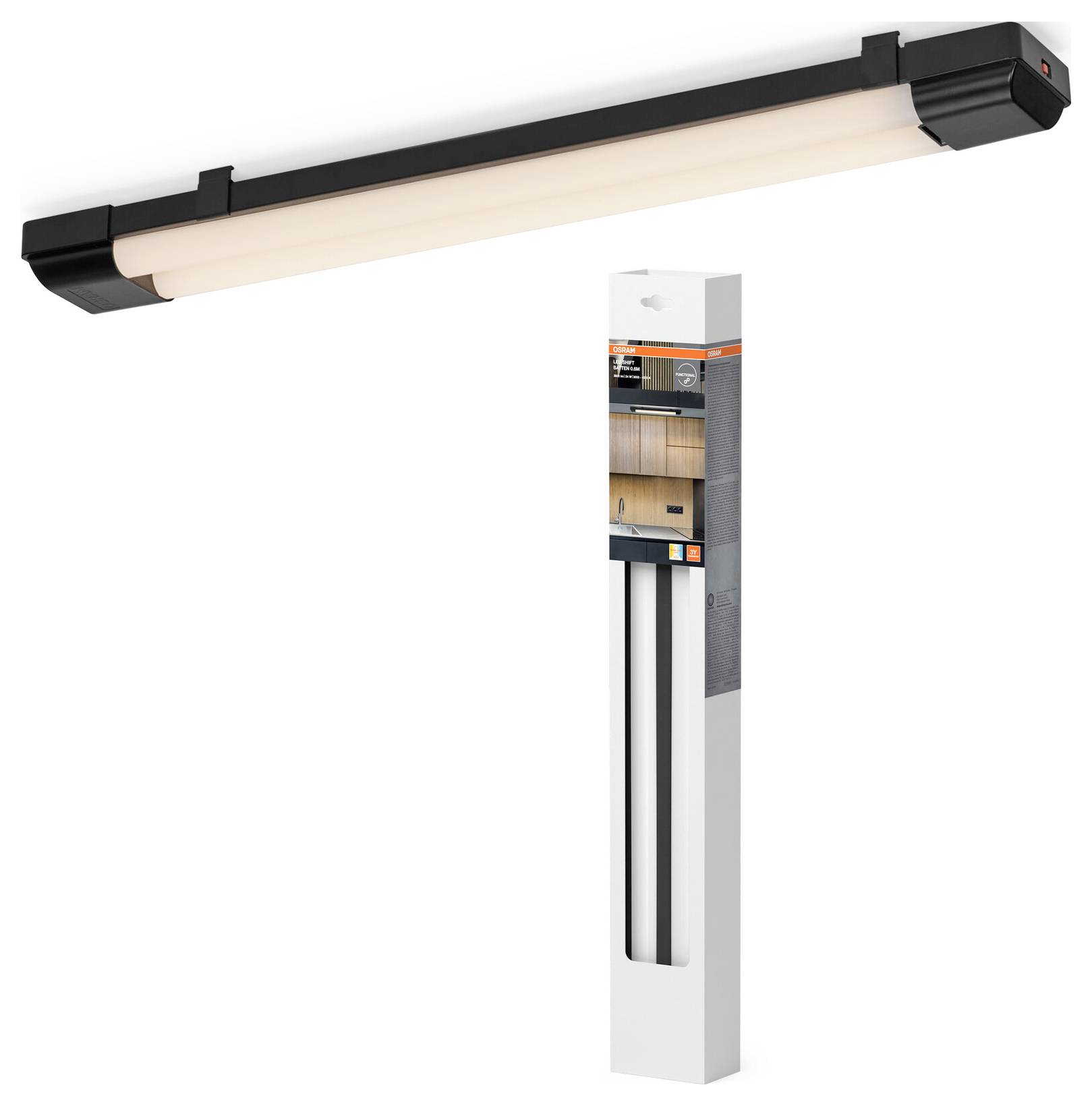 Eine schlanke, längliche LED-Leuchte, die an einer Küchendecke angebracht ist, mit ihrer daneben angezeigten Verpackung, die Installationsdetails zeigt.