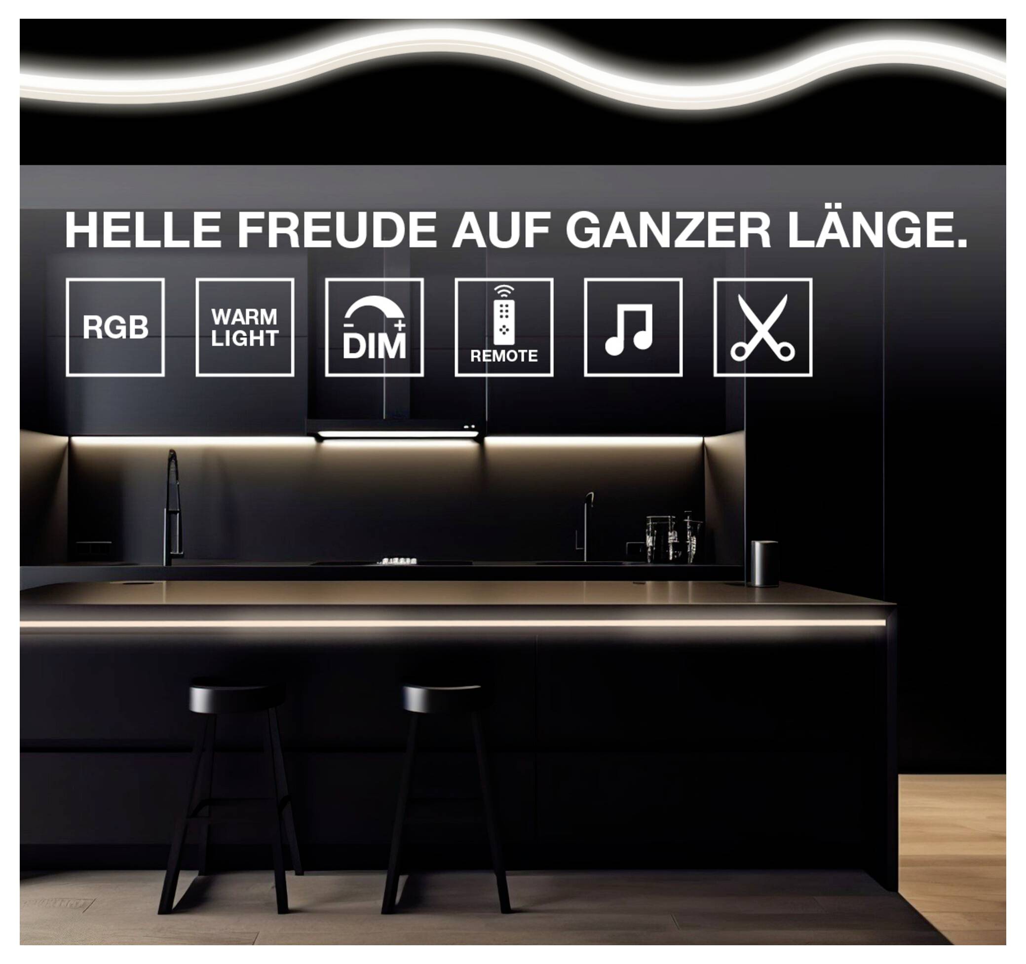 Eine moderne Küche mit schlanken dunklen Schränken wird durch LED-Beleuchtung beleuchtet. Symbole zeigen RGB-Farben, warmes Licht, Dimmen, Fernbedienung, Musik und Schneidefunktionalität an. Der deutsche Text lautet „HELLE FREUDE AUF GANZER LÄNGE.