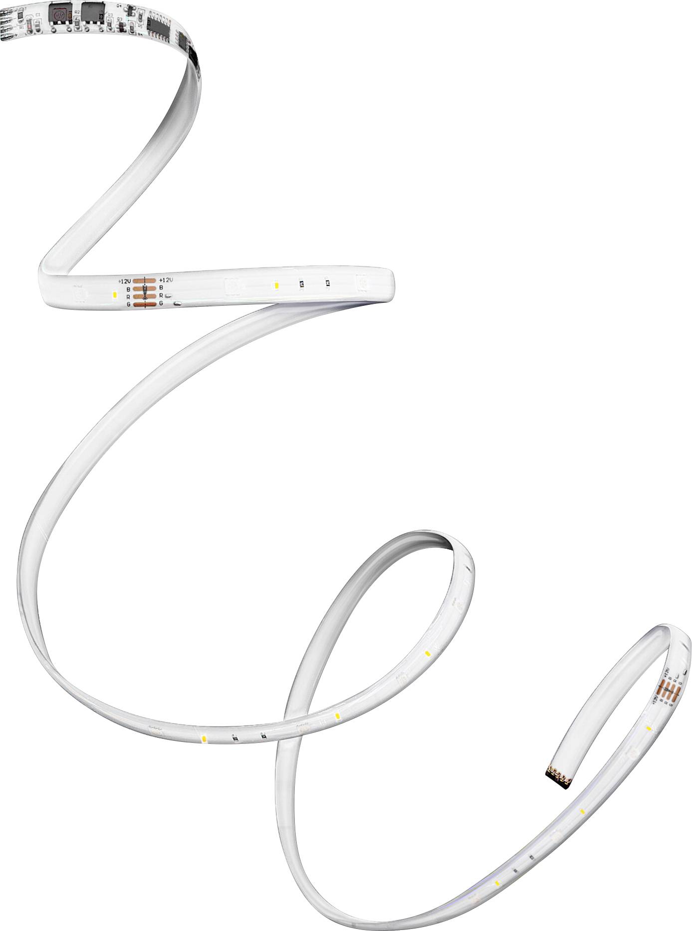 Ein aufgerollter LED-Lichtstreifen mit sichtbarer Schaltung und kleinen Glühbirnen, die eine spiralförmige Form bilden und flexible, anpassbare Beleuchtung suggerieren.