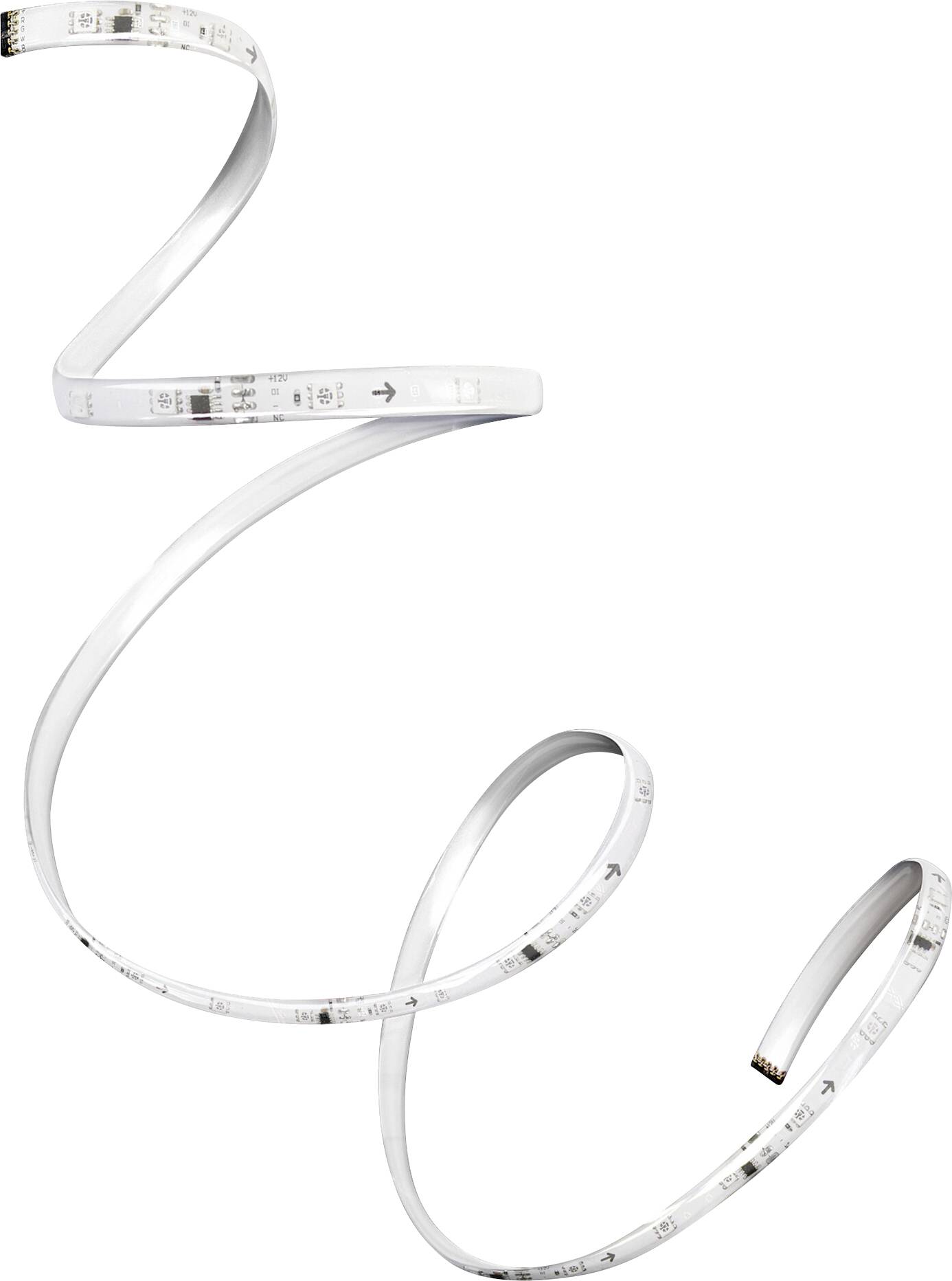 Ein LED-Lichtstreifen mit einer flexiblen, spiralenförmigen Form, das eine Serie von LED-Lichtern entlang seiner Länge zeigt, vor einem weißen Hintergrund.