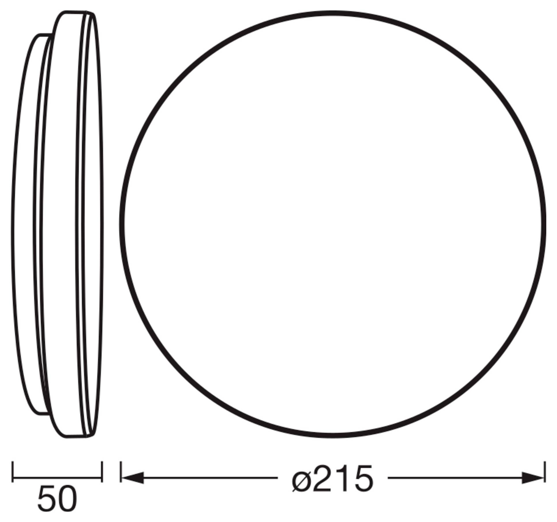 Diagramm eines kreisförmigen Objekts mit einem Durchmesser von 215 mm und einer Dicke von 50 mm, dargestellt in Seiten- und Draufsicht.
