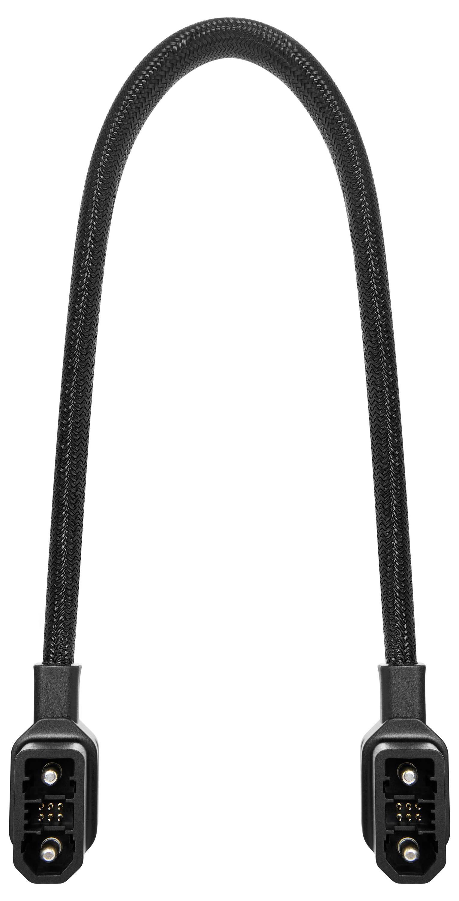 Ein gekrümmtes schwarzes Kabel mit identischen Steckern an jedem Ende, mit sichtbaren vergoldeten Kontaktpunkten.