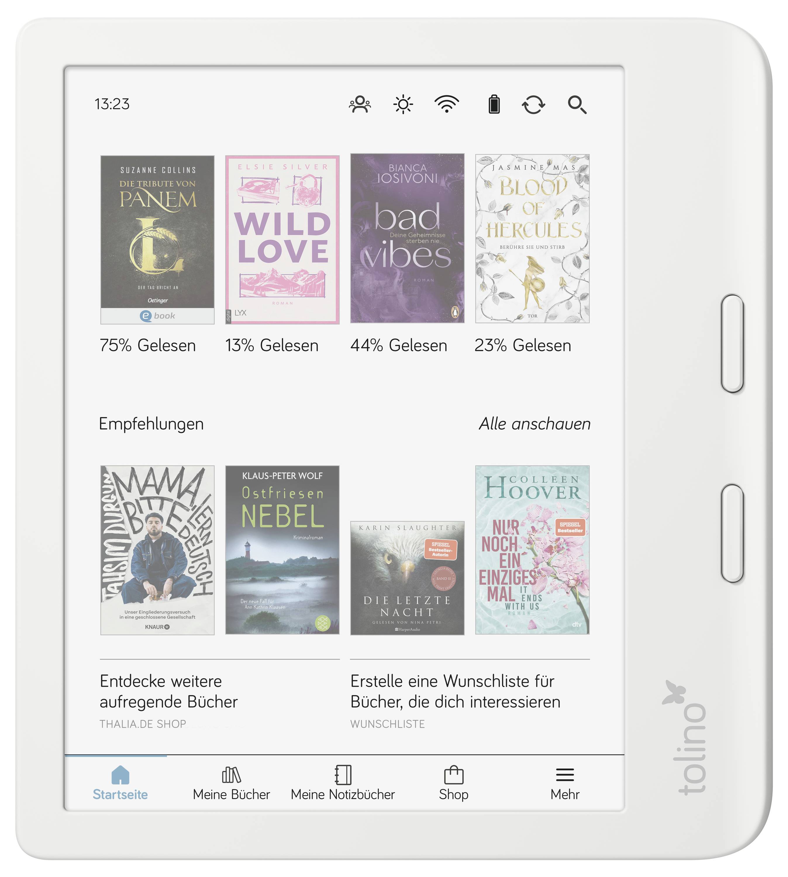 Ein E-Reader, der Buchtitel mit Prozentsätzen des gelesenen Inhalts und darunter Empfehlungen anzeigt. Zu den vorgestellten Genres gehören Belletristik und Liebesromane.