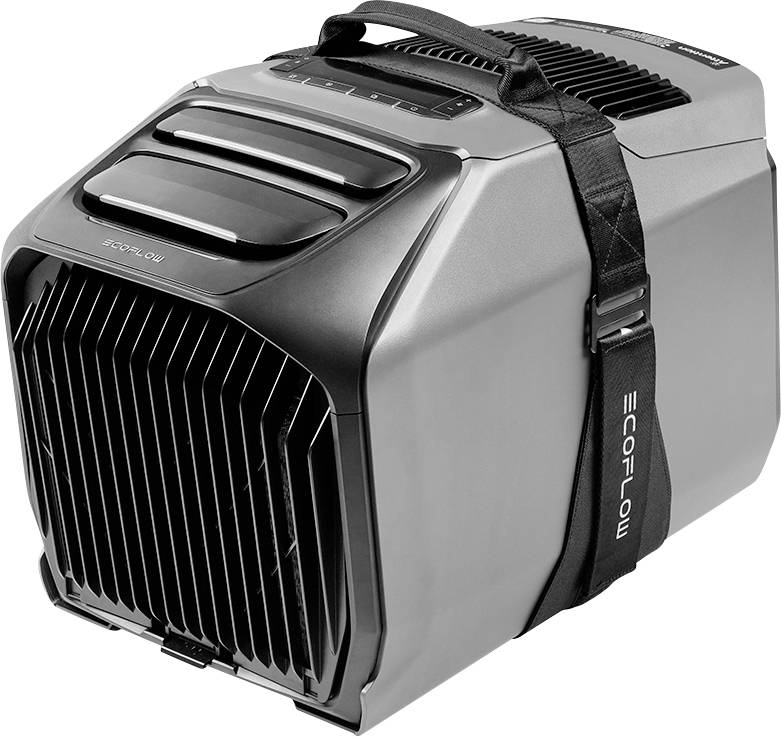 Tragbarer Luftkompressor mit Griff und Riemen, mit belüfteter Vorderseite und Bedienelemente oben, konzipiert für Komfort und Mobilität.