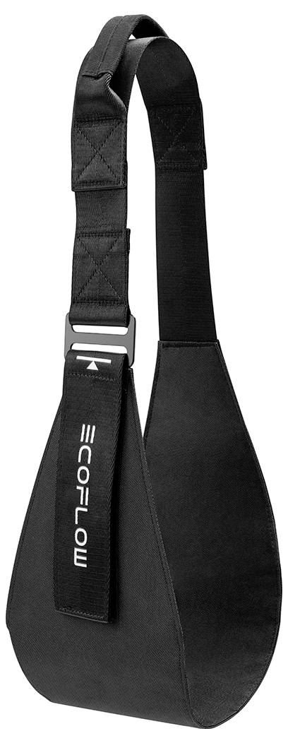 Ein schwarzes Schultergurtband mit vergoldetem Schnallenverschluss mit der Aufschrift „EcoFlow