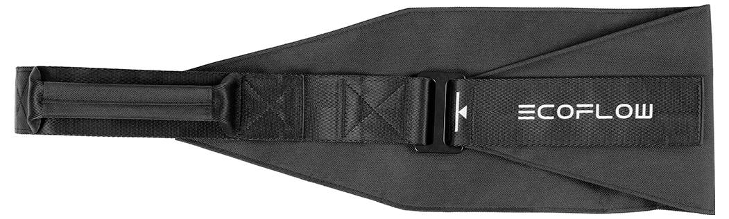 Ein schwarzes EcoFlow-Tragesystem mit Griff und verstellbarem Verschluss für sicheres Halten, mit dem EcoFlow-Logo auf dem Stoff.