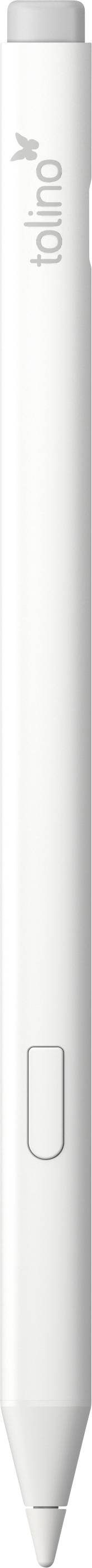 Eingabestift mit weißem Gehäuse, einzelner Knopf in der Nähe der Spitze, entworfen für Touchscreen-Geräte.