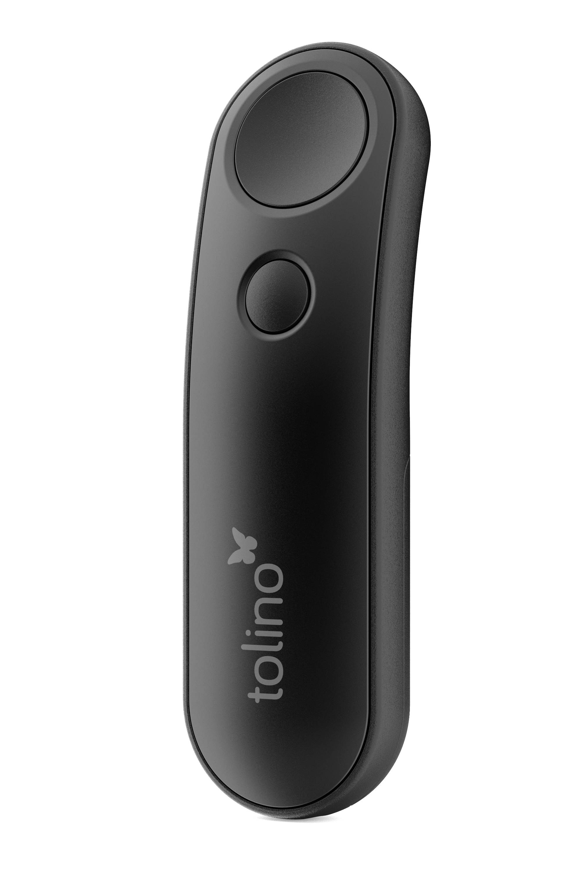 Ein weißes Tolino-Gerät mit zwei runden Tasten und dem Tolino-Logo mit einem Schmetterling.