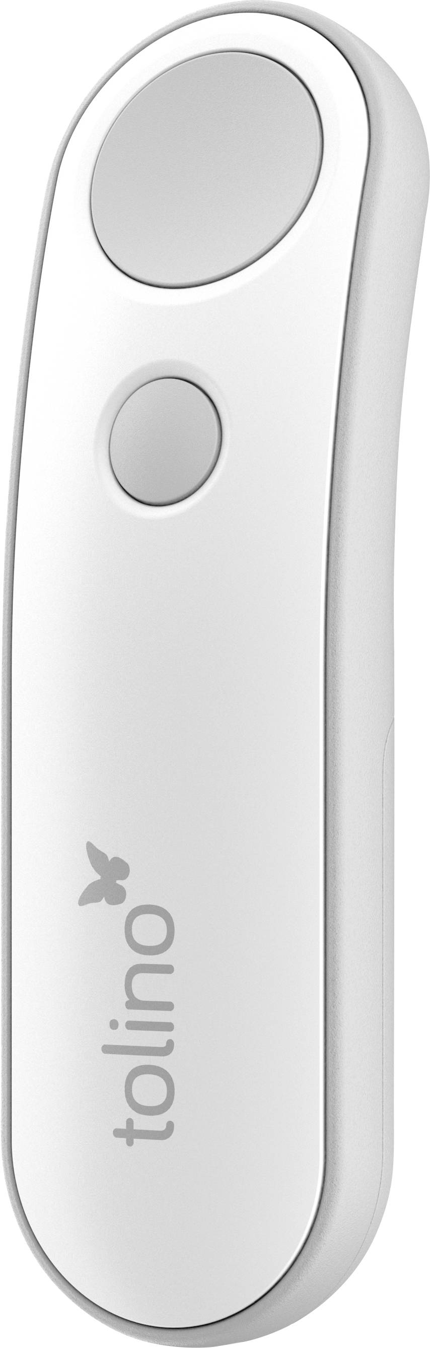 Ein weißer, gebogener Tolino-E-Reader-Umblätterer mit zwei runden Tasten, entwickelt für die komfortable Navigation durch digitale Bücher.