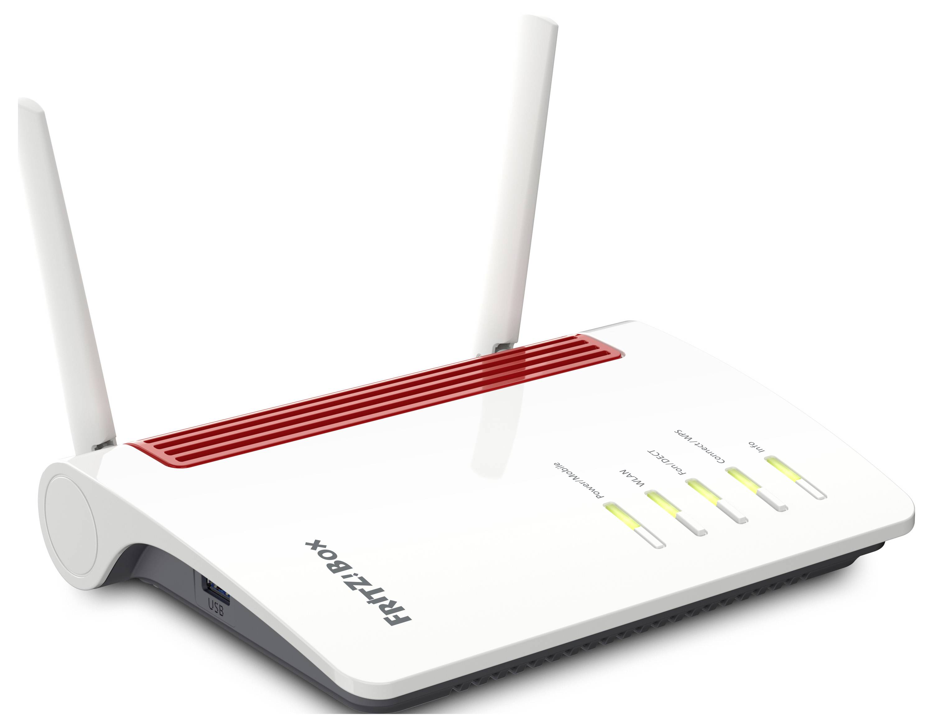 A white and red wireless router with two antennas, displaying four lit LED indicators for power and connectivity.