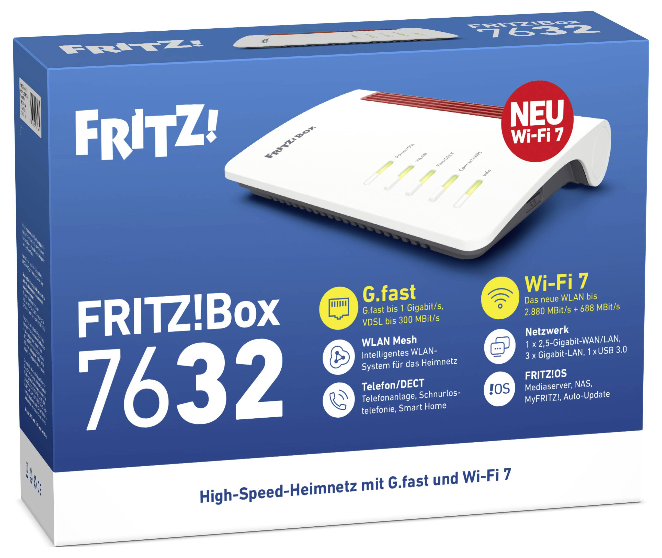 Ein weißer und roter kabelloser Router mit zwei Antennen, der vier leuchtende LED-Indikatoren für Stromversorgung und Konnektivität anzeigt.