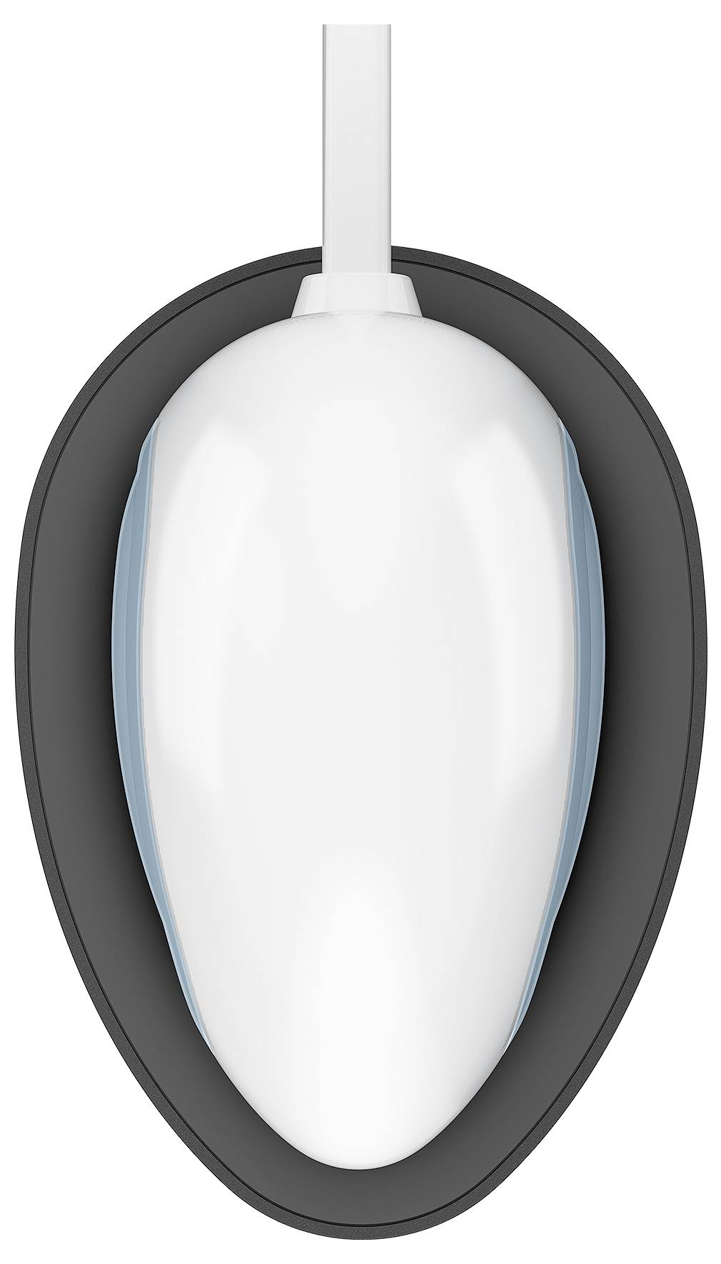 Eine weiße Computermaus mit blauen Akzenten steht senkrecht auf einer schwarzen ovalen Matte. Das Mauskabel verläuft nach oben.