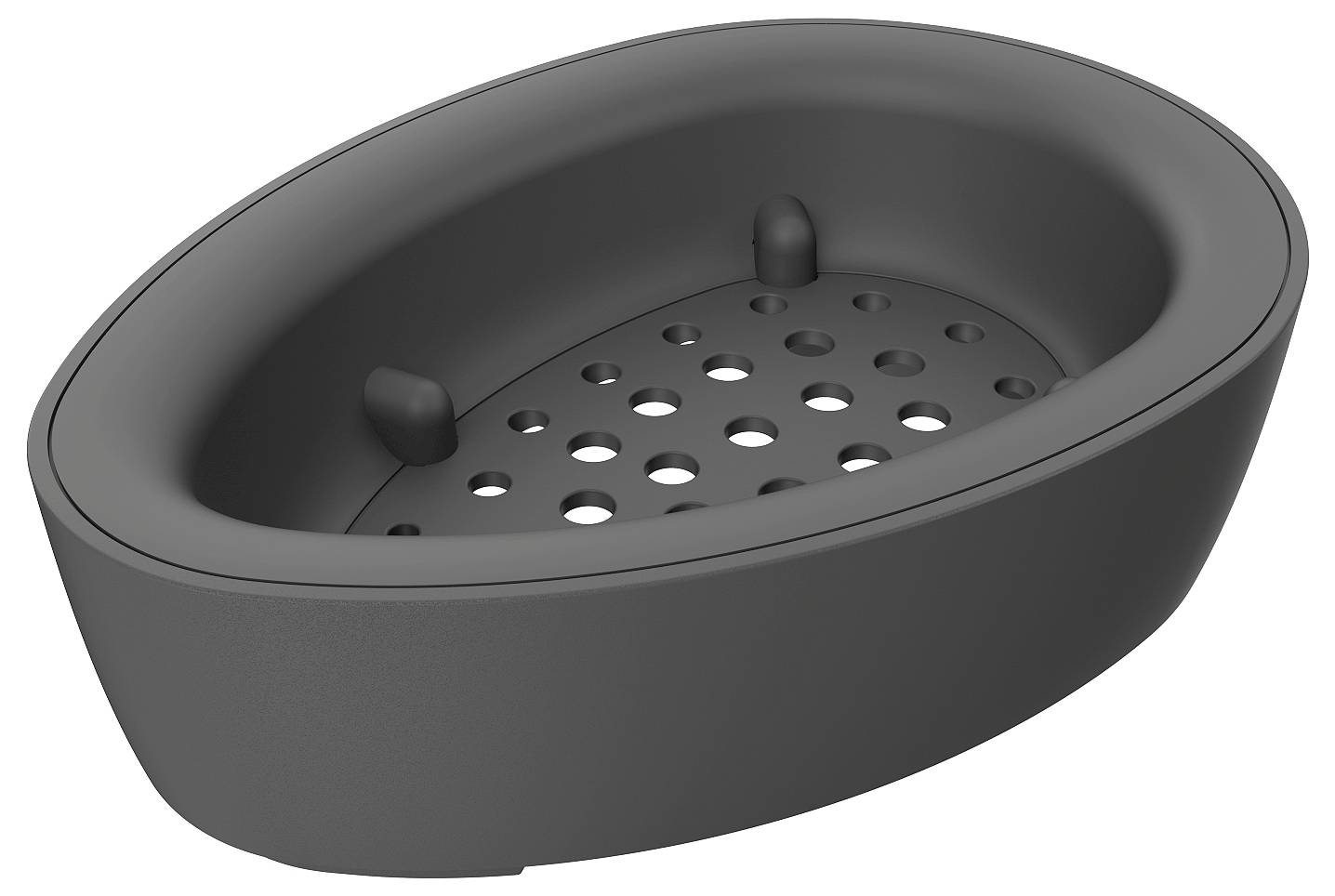 Ein grauer, ovaler Seifenhalter mit Drainagelöchern, der entwickelt wurde, um Seife trocken zu halten, indem Wasser ablaufen kann.