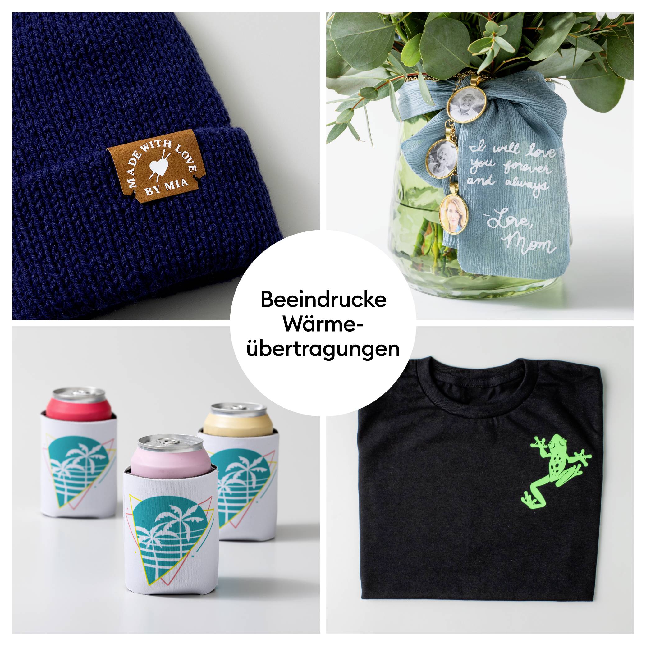 Eine Collage aus vier Bildern: Mütze mit Aufnäher, Pflanze mit Schmuckstücken und handgeschriebenem Text, Dosen mit tropischem Design, T-Shirt mit Froschmotiv. Text: 'Beeindrucke Wärmeübertragungen'.
