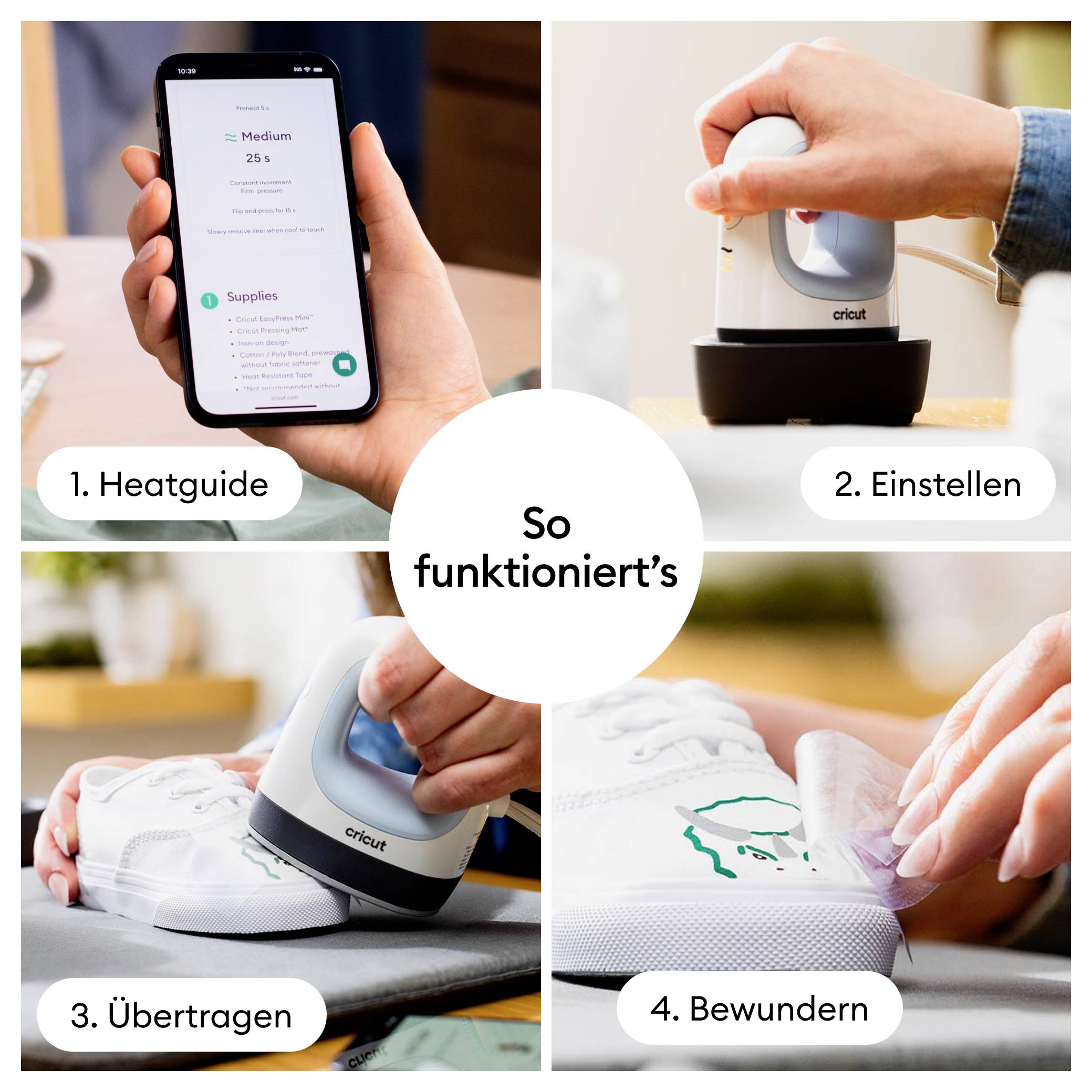 'So funktioniert's': Anleitung in vier Schritten zum Verwenden eines kleinen Hitze-Pressgeräts auf einem Schuh, von 'Heatguide' bis 'Bewundern'.