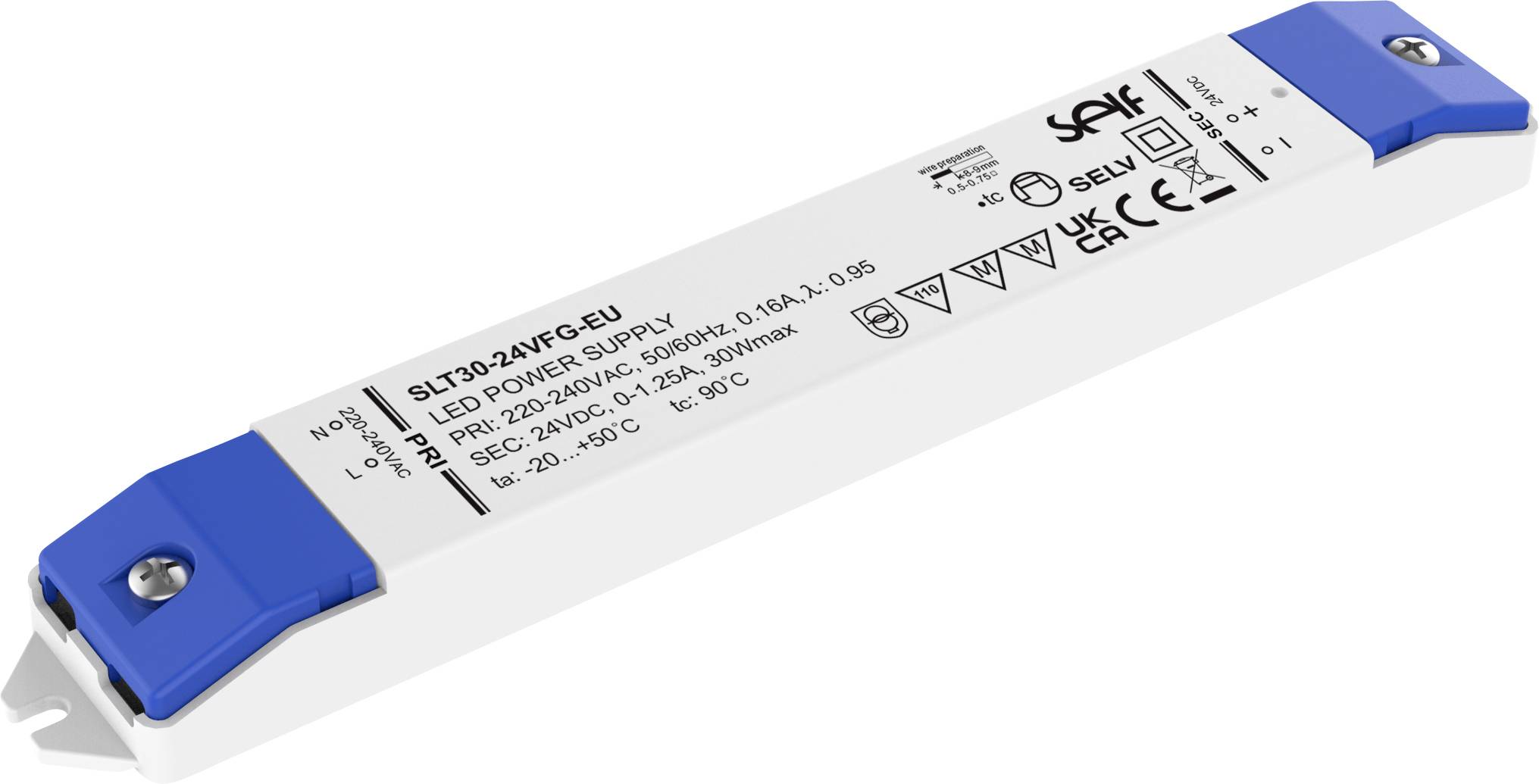 Rechteckiges LED-Netzteil mit blauen Enden, das auf seiner Oberfläche Spezifikationen und Zertifizierungssymbole anzeigt.
