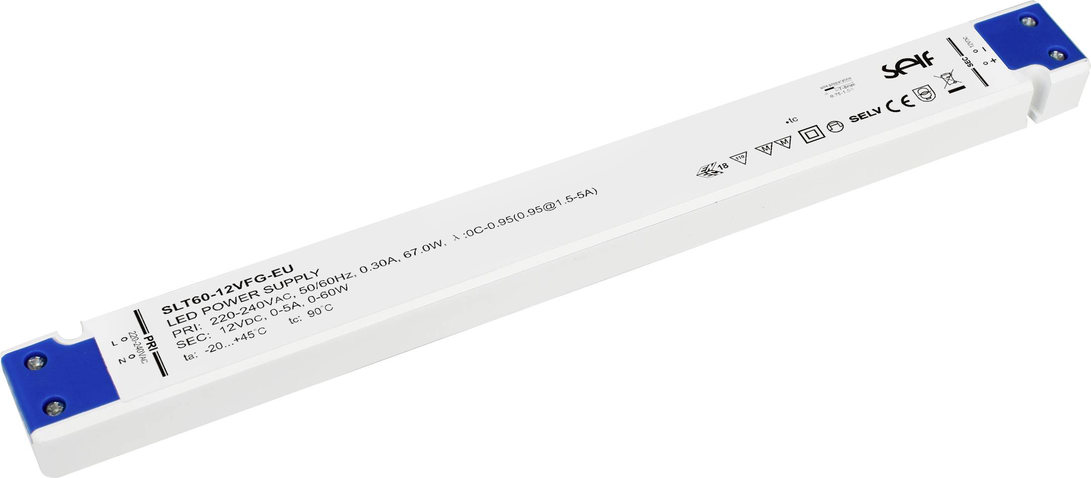 Ein langes, rechteckiges LED-Netzteil mit blauen Enden. Das weiße Gehäuse zeigt verschiedene Zertifizierungslogos und technische Spezifikationen.