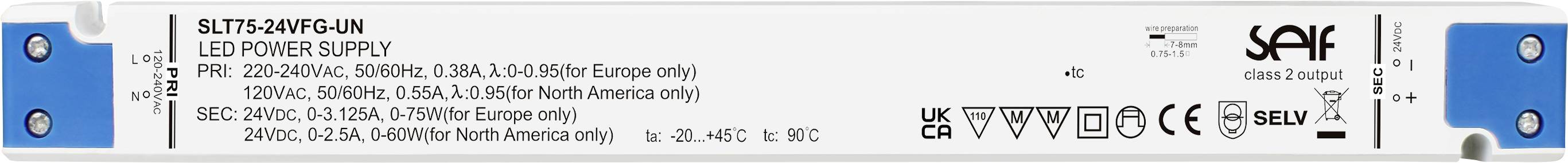 Das Bild zeigt ein LED-Netzteil mit folgenden Spezifikationen: Modell SLT15-24VF-UN, Eingang 220-240VAC, Ausgang 24V DC, Zertifizierungen CE und TÜV.