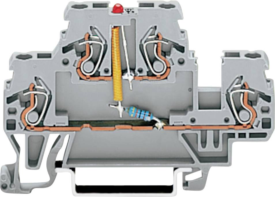 Ein Querschnitt eines grauen Elektroklemmenblocks mit internen Anschlüssen, einer Spiralfeder und einem Widerstand, der zum sicheren Verbinden von Drähten verwendet wird.