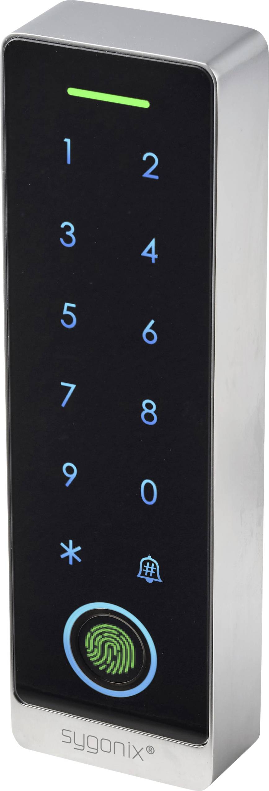 Sygonix Zugangssteuerung Tastatur mit nummerierten Touch-Tasten, Fingerabdruckscanner und Anzeigelampe für sichere Zugangssteuerung.