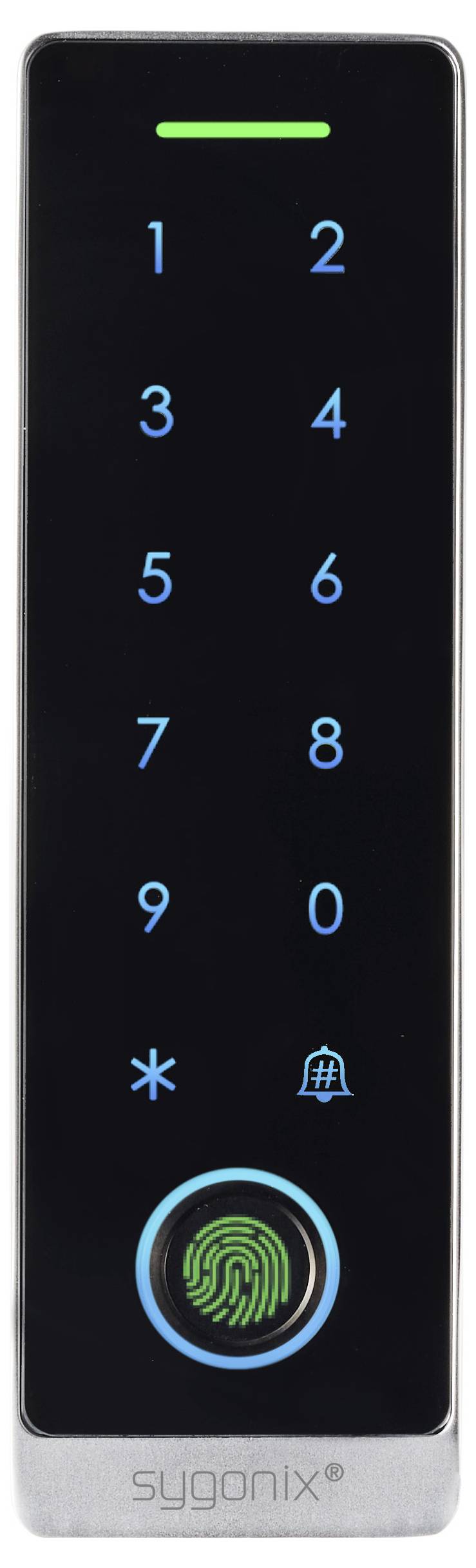 Ein Zugangsfeld im Smartphone-Stil mit den Zahlen 0–9, Stern- und Glockensymbolen und einem grünen Fingerabdruckscanner-Button am unteren Ende.