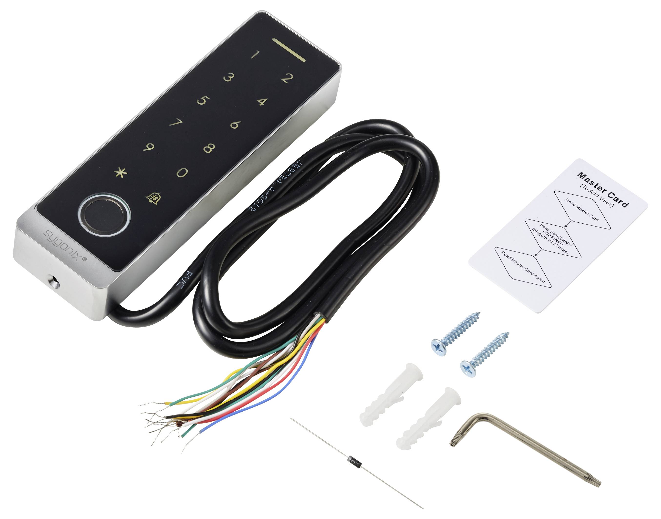 Elektronisches Türschloss-Tastenfeld mit Kabel, Masterkarte, Schrauben, Dübeln und Innensechskantschlüssel im Lieferumfang enthalten.
