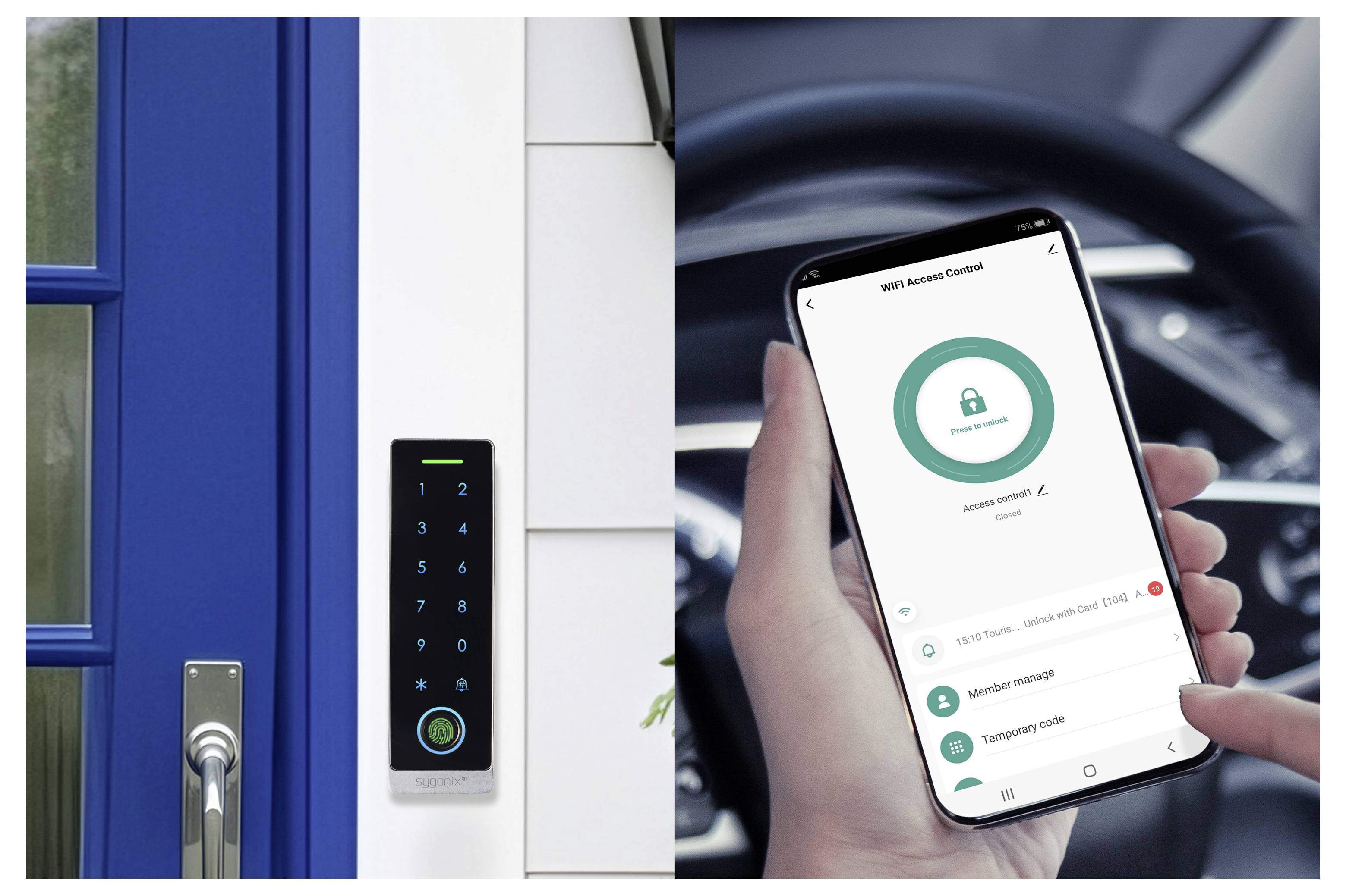 Intelligentes Türschloss neben einer blauen Haustür und ein Telefon, das eine Fernsteuerungs-App zur Schlossverriegelung mit einer zentralen Schaltfläche zum Sperrstatus anzeigt.