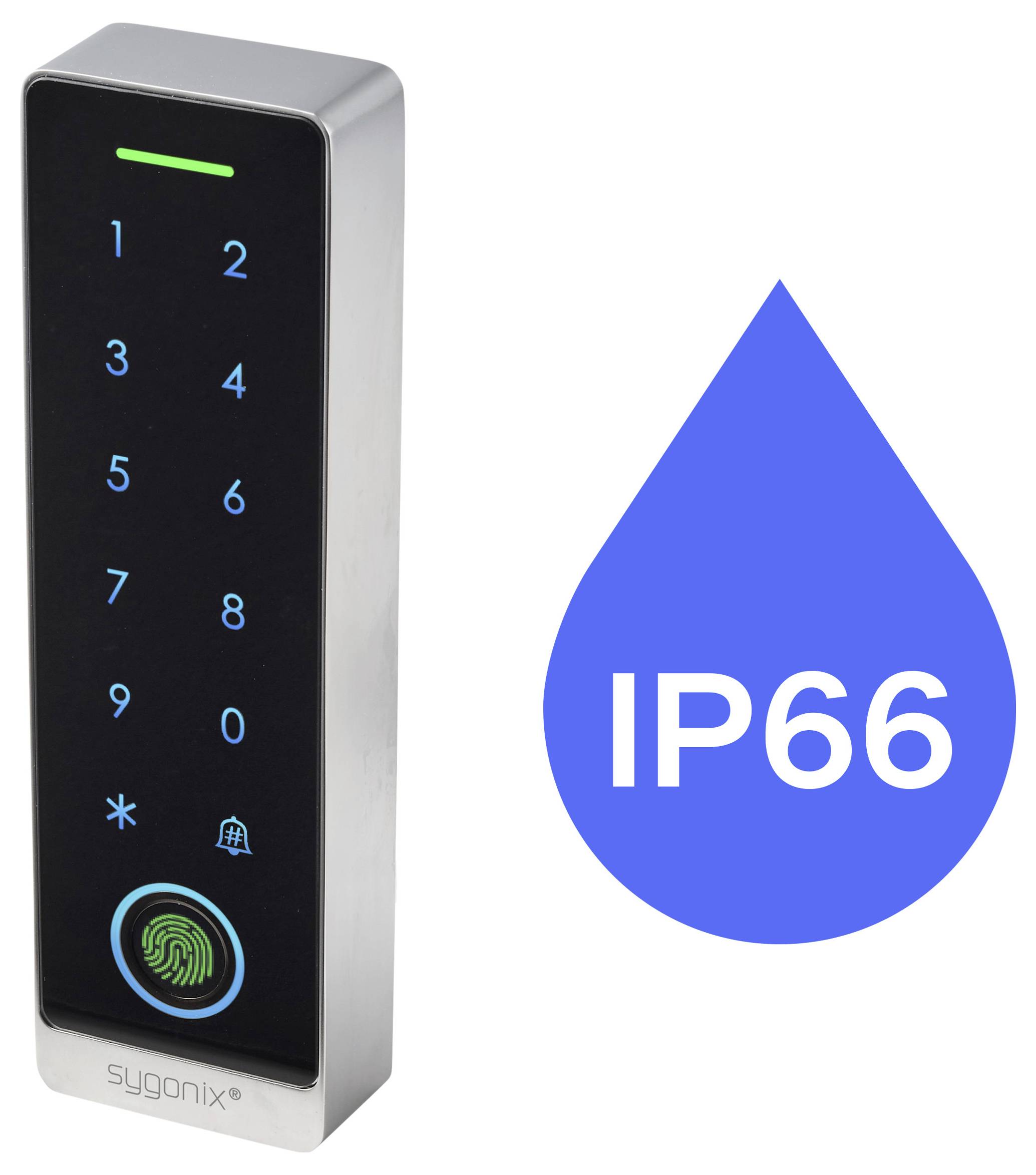 Touchscreen-Zugangsgerät mit Fingerabdruckscanner und blauem Wassertropfensymbol mit der Kennzeichnung 