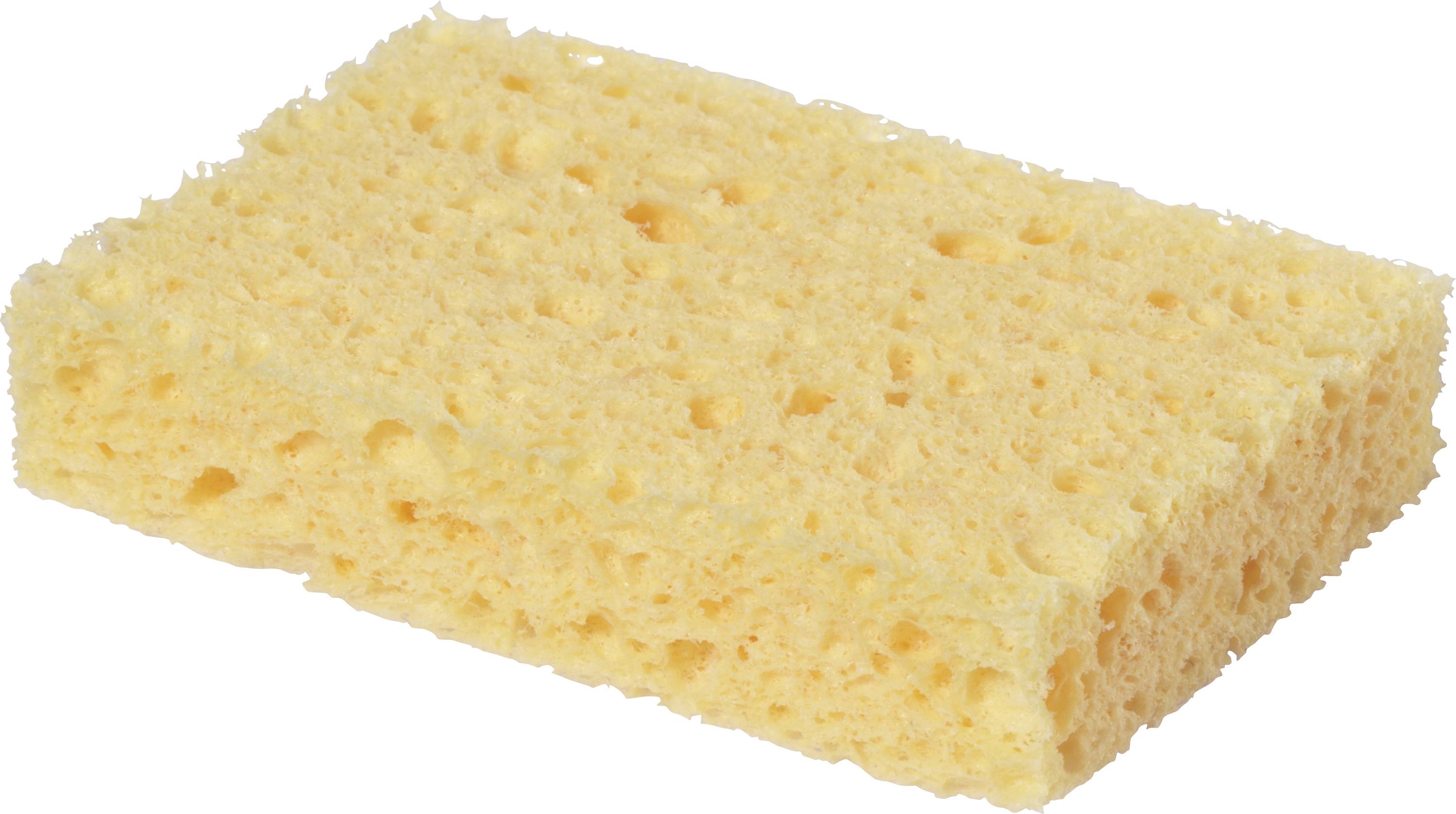 Ein gelber rechteckiger Reinigungsschwamm mit einer porösen Oberfläche, der für Haushalt-Reinigungsaufgaben verwendet wird.